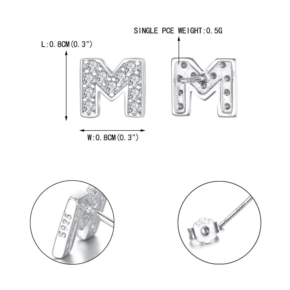 EVER FAITH Initial Earrings for Women - 925 Sterling Silver Hypoallergenic Stud Earrings with White Cubic Zirconia Tiny Alphabet Letters | Perfect Gift for Sensitive Ears, Birthday, Anniversary & Everyday Wear