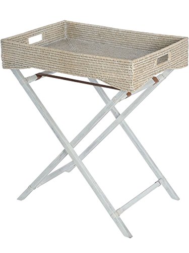 KOUBOO La Jolla Rattan Butler Tray with Folding Stand - Handwoven Decorative Serving Tray for Coffee Table, Breakfast in Bed, Living Room & Bedroom Decor - Whitewashed Wicker Tray for Home, Hotel and Gift Use
