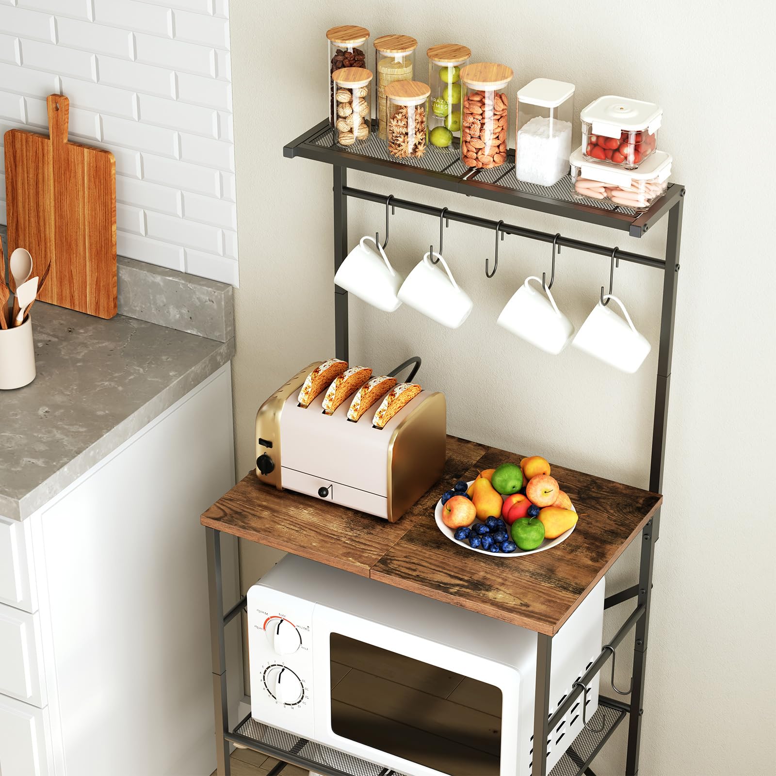 HOOBRO 4-Tier Kitchen Bakers Rack with Power Outlet & Storage Shelf - Microwave Stand, Coffee Bar Table with 9 S-Hooks - Rustic Brown & Black BF58UHB01 - Perfect for Small Kitchens, Pantry Organization & Coffee Station Setup