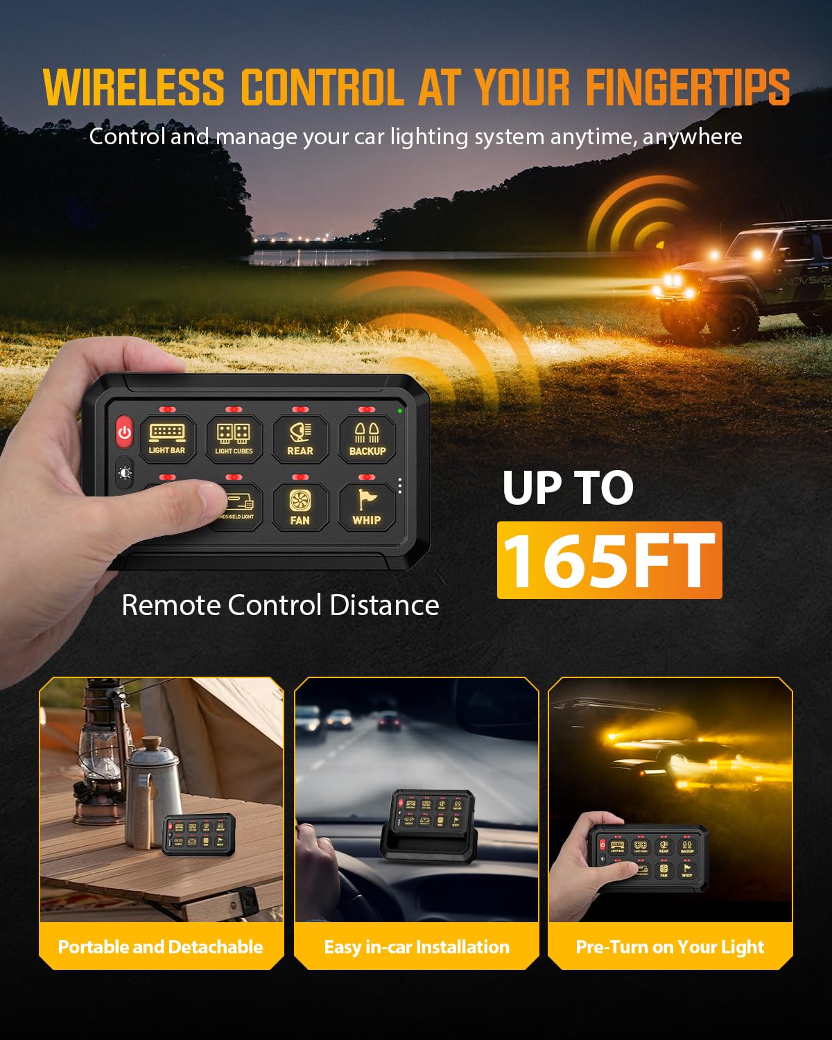 NOVSIGHT 8 Gang Switch Panel - Wireless High Power 12V Multifunction Control Panel for Trucks, Cars, ATV, UTV | Perfect for Off-Roading, Camping & Vehicle Customization