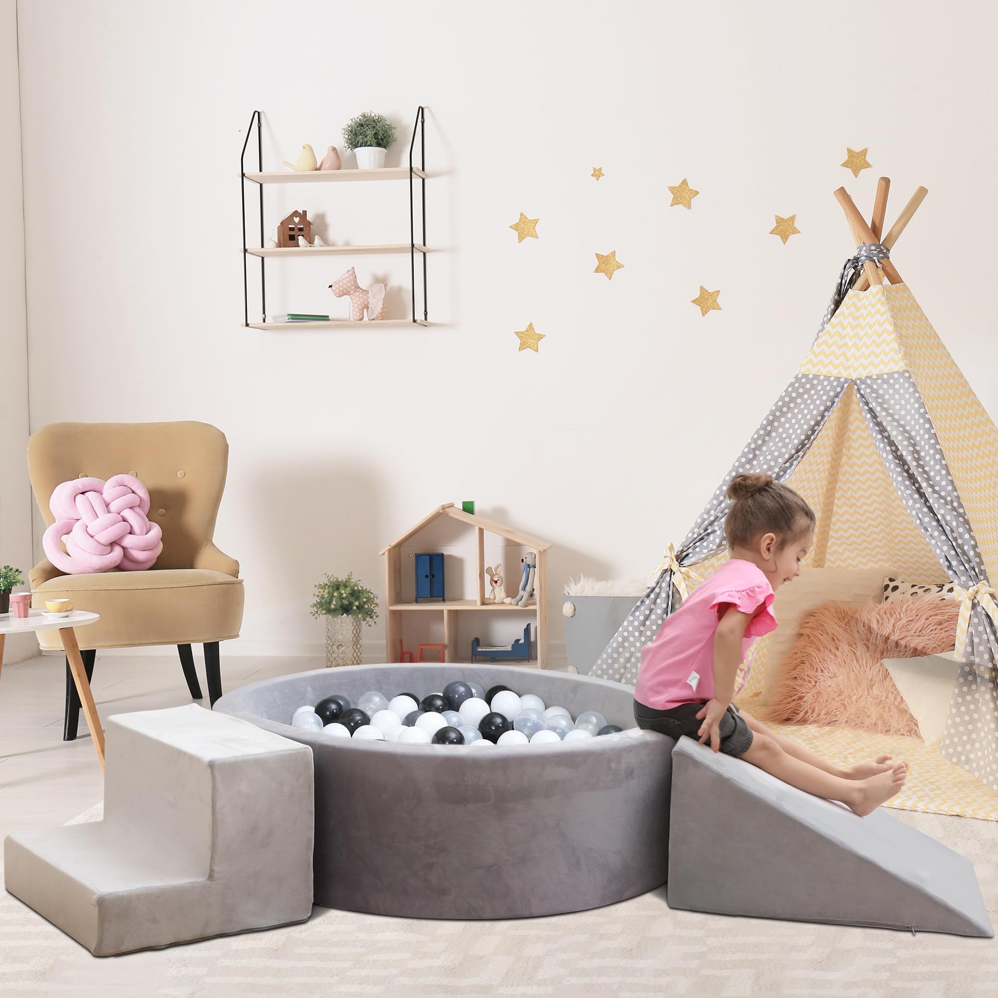 Soft Foam Ball Pit with Play Blocks for Toddlers & Kids - Indoor/Outdoor Climbing Structure with Ball Pool, Stairs & Slope - Perfect for Playrooms, Daycares & Backyard Fun
