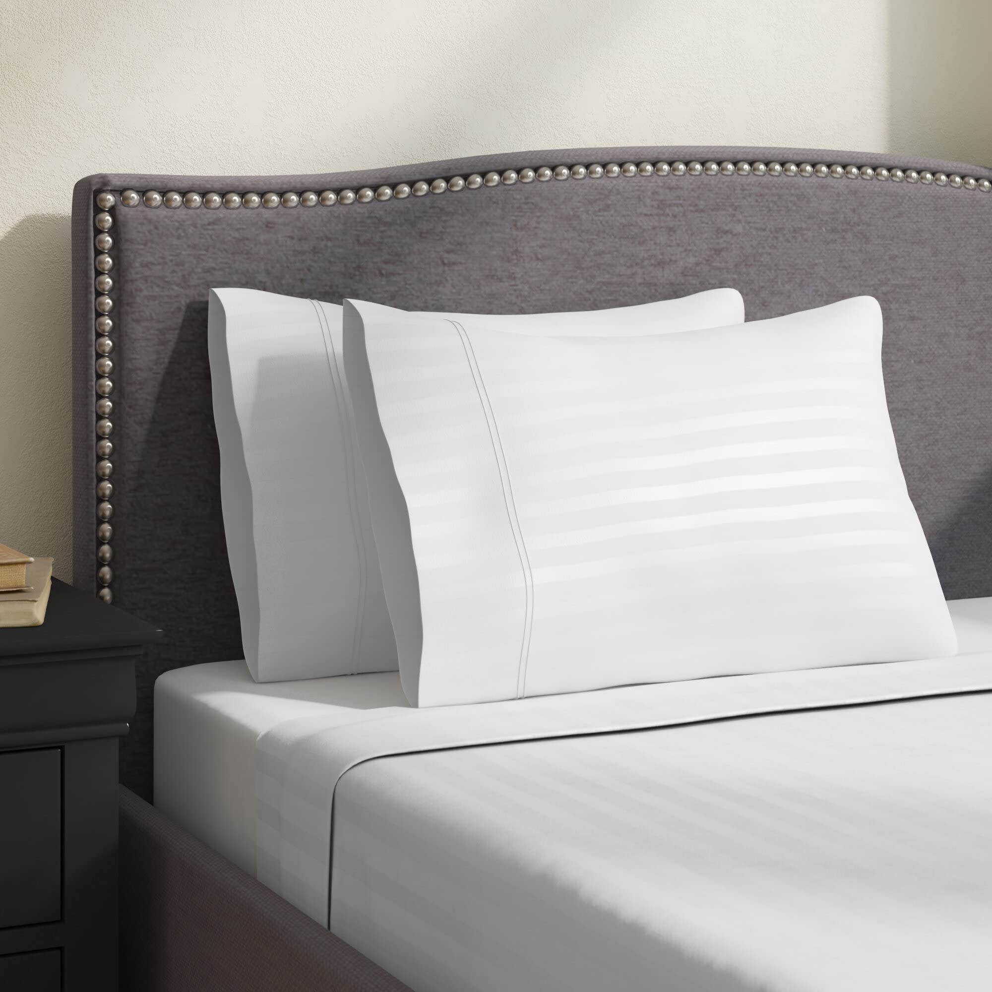Premium 100% Natural Cotton Pillowcases - 1000 Thread Count Sateen Stripe Design, Set of 2 Standard Size White Pillow Covers | Ultra Soft & Breathable Long-Staple Combed Yarn | Perfect for Bedroom, Hotel, Guest Room & Luxury Home Decor