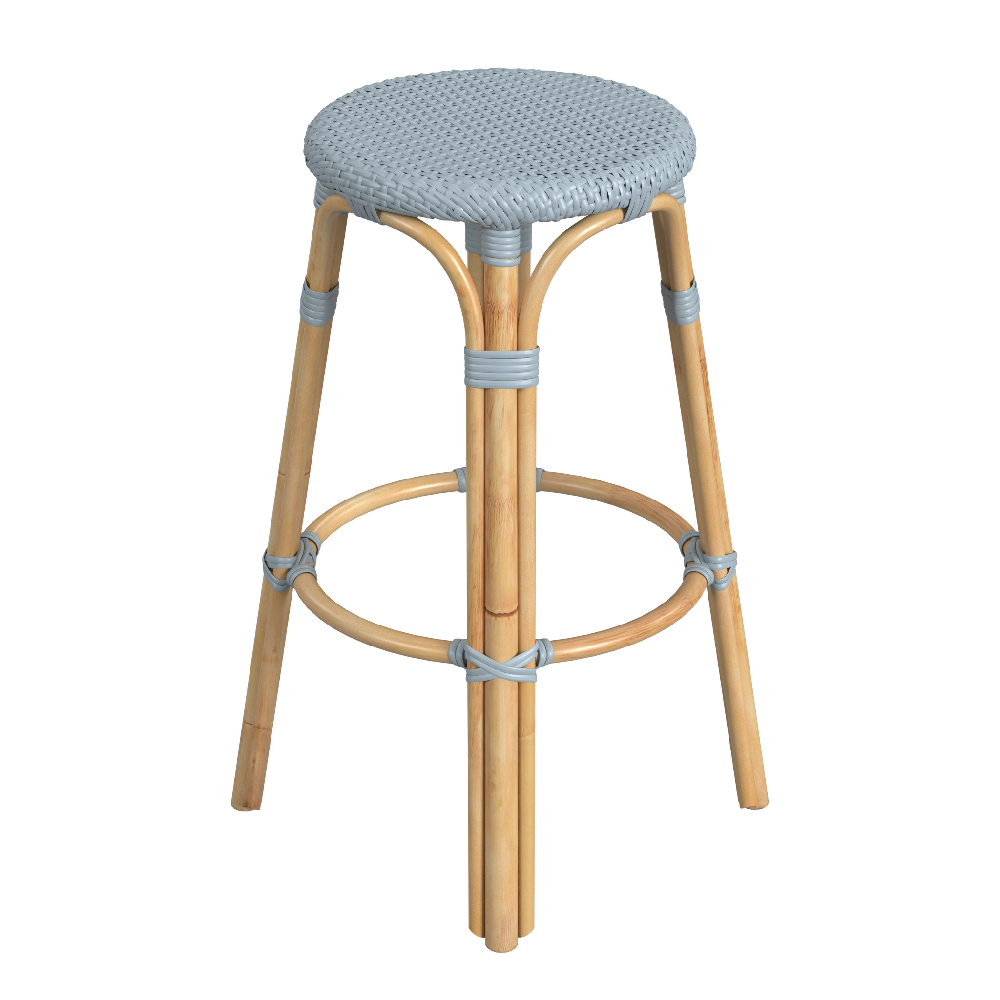 Stylish Baby Blue Rattan Bar Stool with Woven Seat - Perfect for Kitchen Islands, Breakfast Nooks & Outdoor Dining Areas
