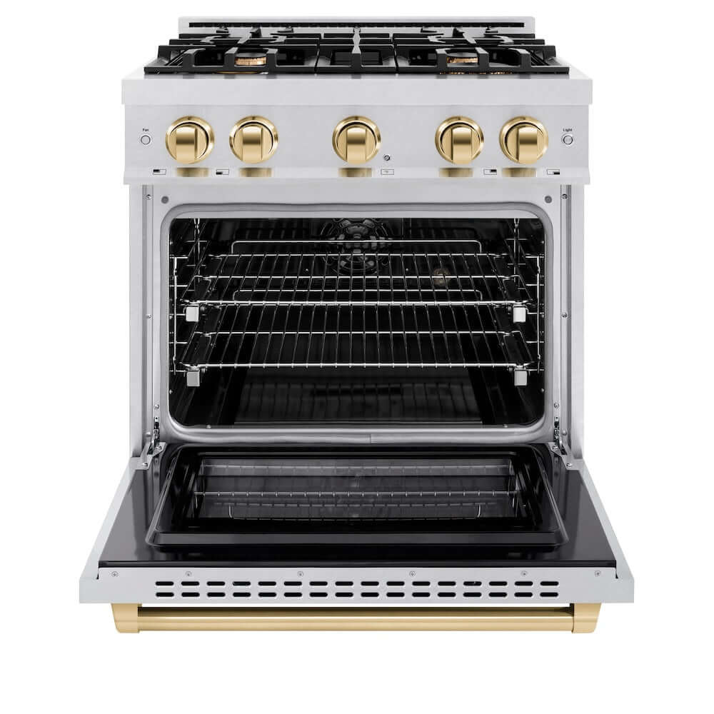 ZLINE Autograph Edition 30-inch 4.2 cu. ft. Dual Fuel Range - 4 Burner Gas Cooktop & Electric Convection Oven - Satin Stainless Steel with Polished Gold Accents (HDRSZ 30 G) - Perfect for Gourmet Kitchens & Modern Home Cooking