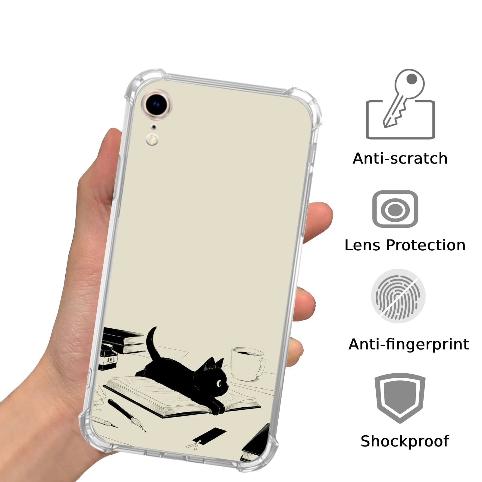 Black Cat and Books iPhone XR Case - Cute TPU Bumper Phone Cover for Men & Women | Perfect for Book Lovers & Cat Enthusiasts