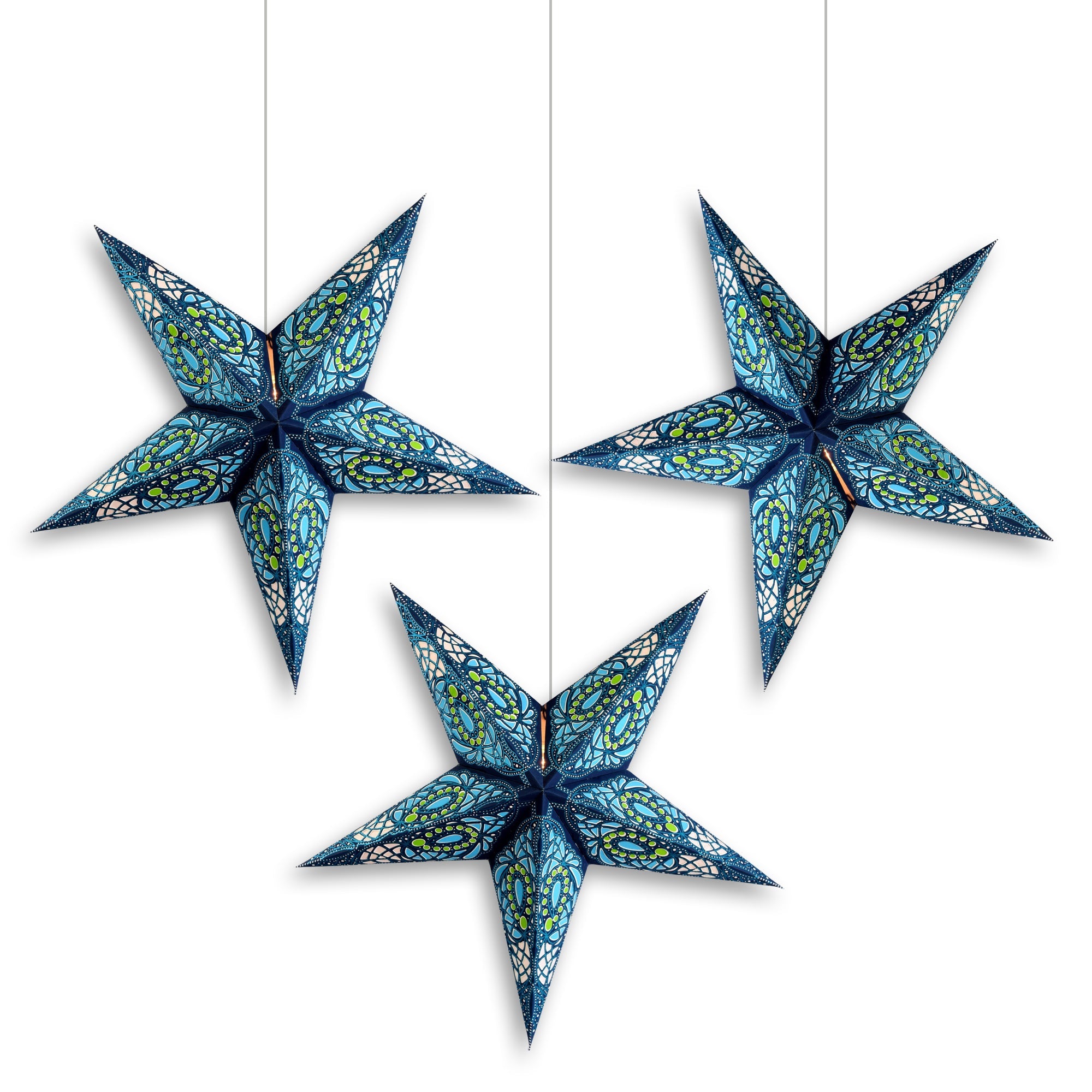3 Pack 24 Inch Blue Galactic Glitter Paper Star Lanterns with Triple Pendant Lights - Perfect for Bedroom, Party & Wedding Decorations