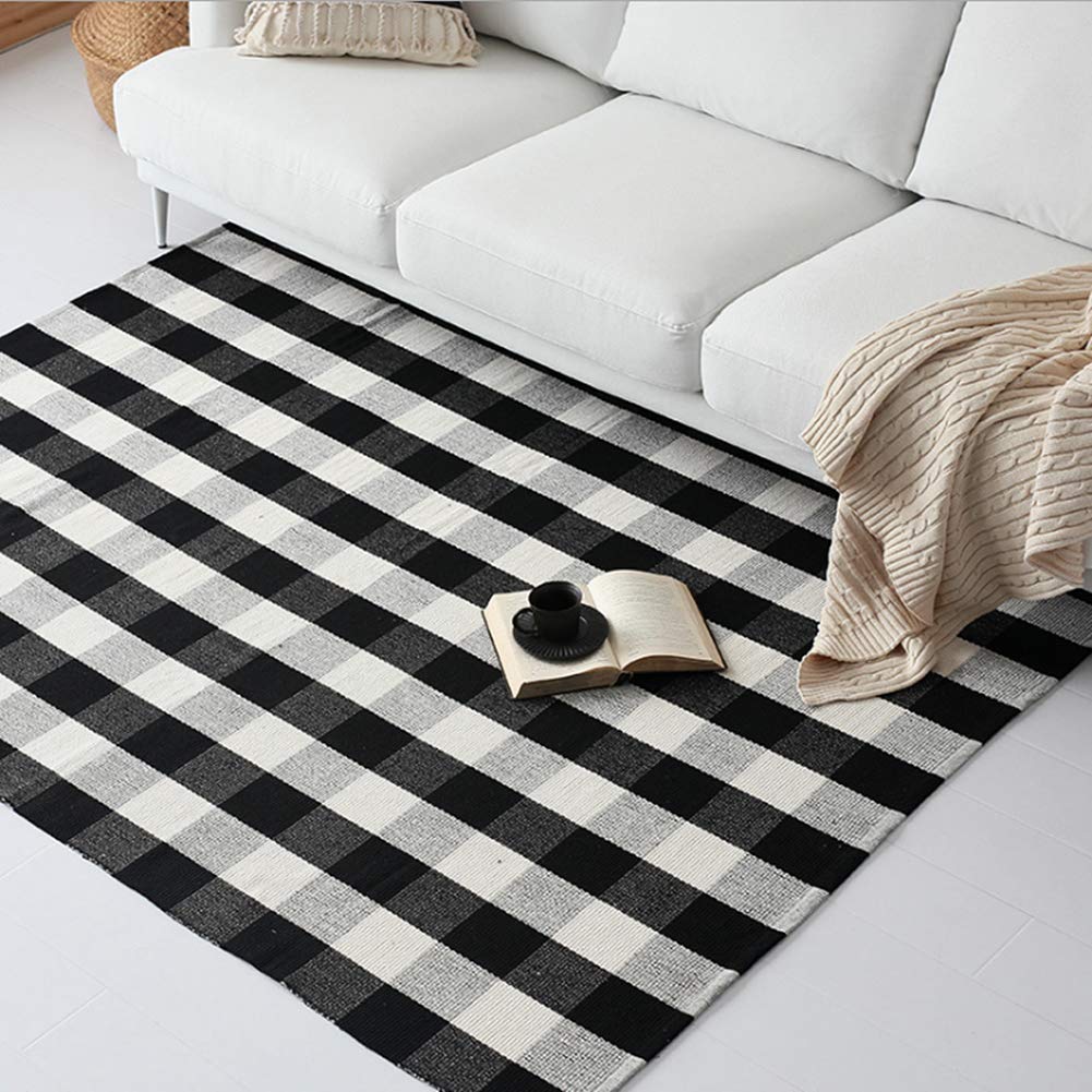 LEVINIS Washable Cotton Rugs - Large 90''x67'' Black and White Plaid Area Rug for Living Room, Bedroom, Dorm | Soft, Non-Slip, Easy to Clean | Perfect for Home Decor, Office, and High-Traffic Areas