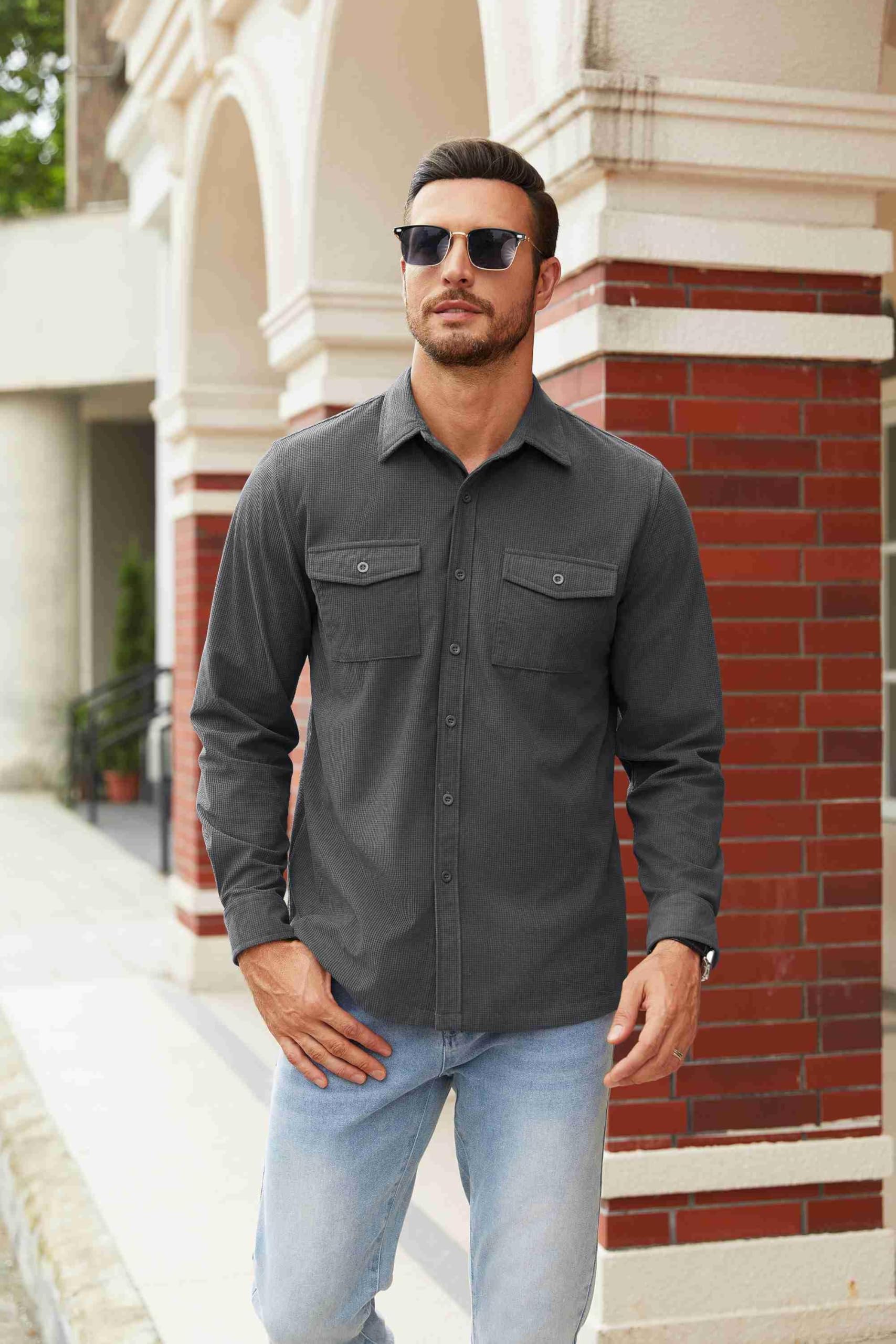 COOFANDY Men's Lightweight Waffle Shirt Jacket - Casual Button Down Long Sleeve Shacket with Flap Pockets | Perfect for Outdoor Activities, Work & Everyday Wear