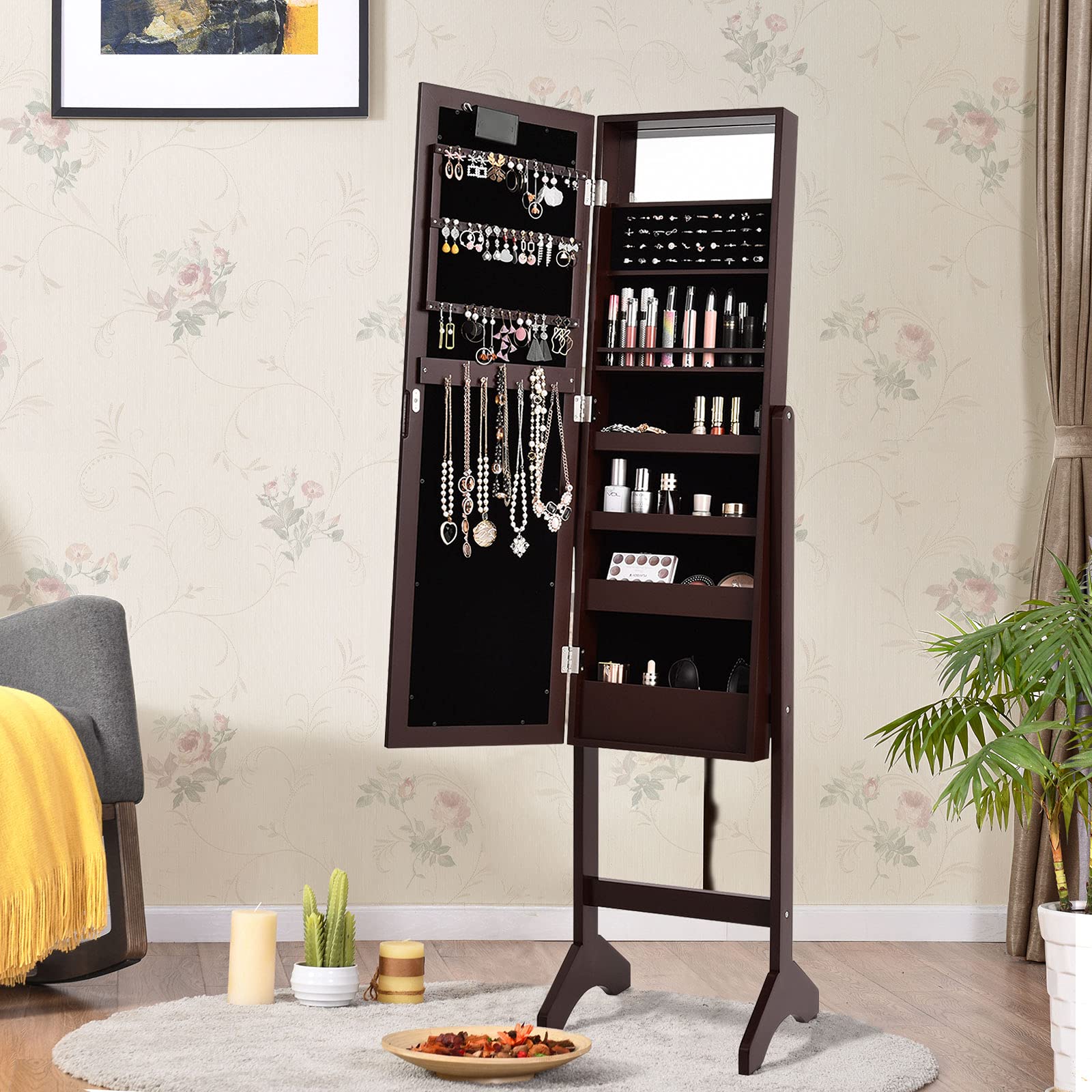 LDAILY Standing Jewelry Armoire with 18 LED Lights - Full Length Mirror Jewelry Cabinet Organizer for Necklaces, Earrings & Accessories - Large Storage Jewelry Stand for Women & Girls (Brown) - Perfect for Bedroom, Dressing Room & Closet Organization