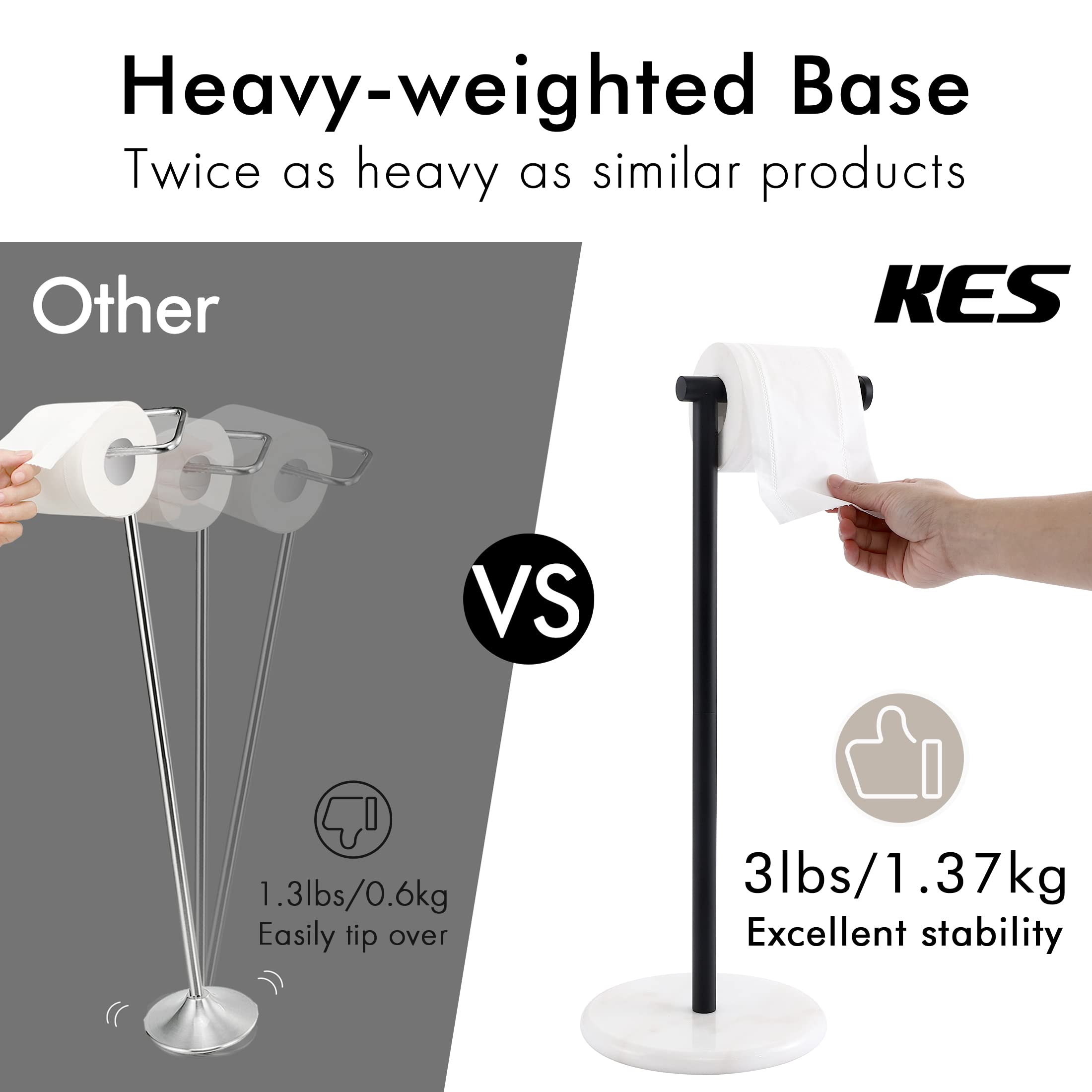 Premium Black Freestanding Toilet Paper Holder Stand with Marble Base - SUS304 Stainless Steel Matte Bathroom Tissue Roll Dispenser for Modern Home & Luxury Hotel Restroom Decor