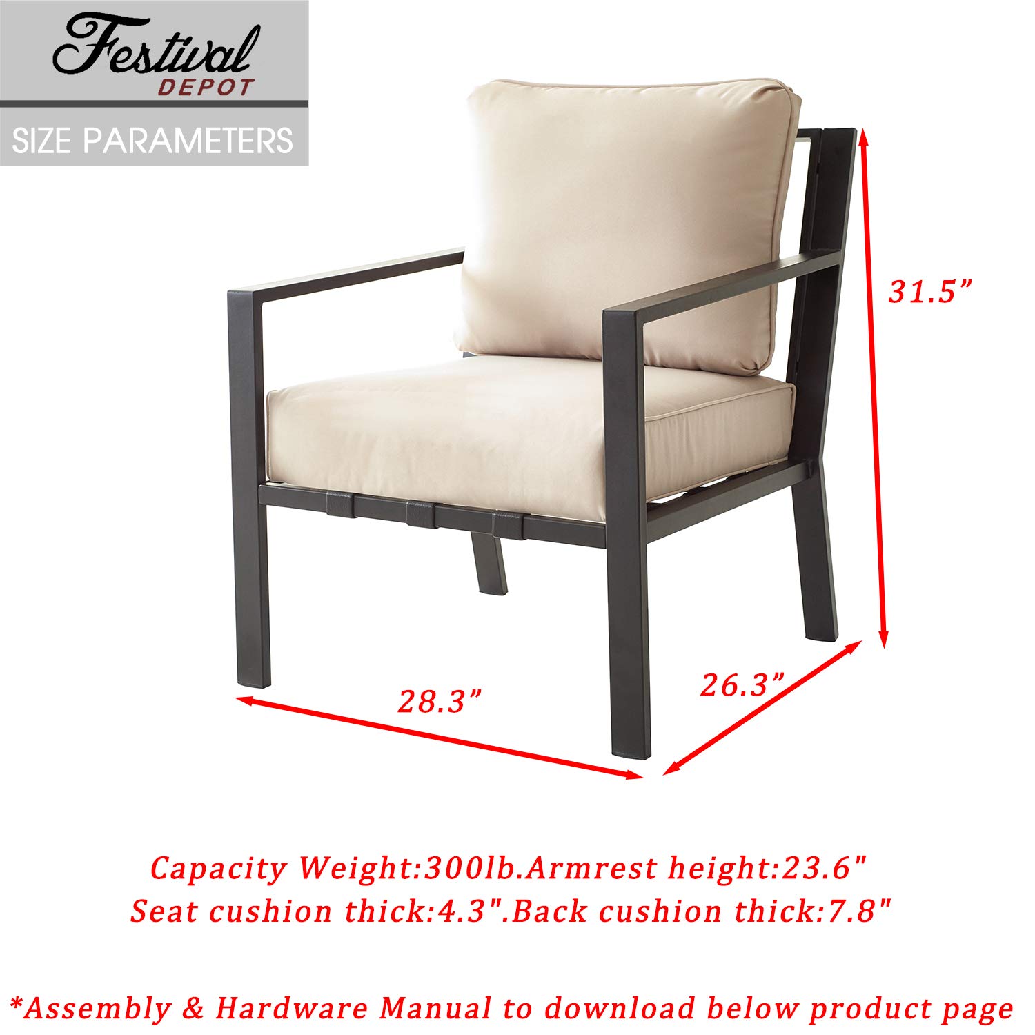 **Festival Depot Outdoor Patio Dining Armchair - All-Weather Metal Frame with Thick Cushions - Perfect for Bistro, Garden, Poolside & Backyard - 28.3
