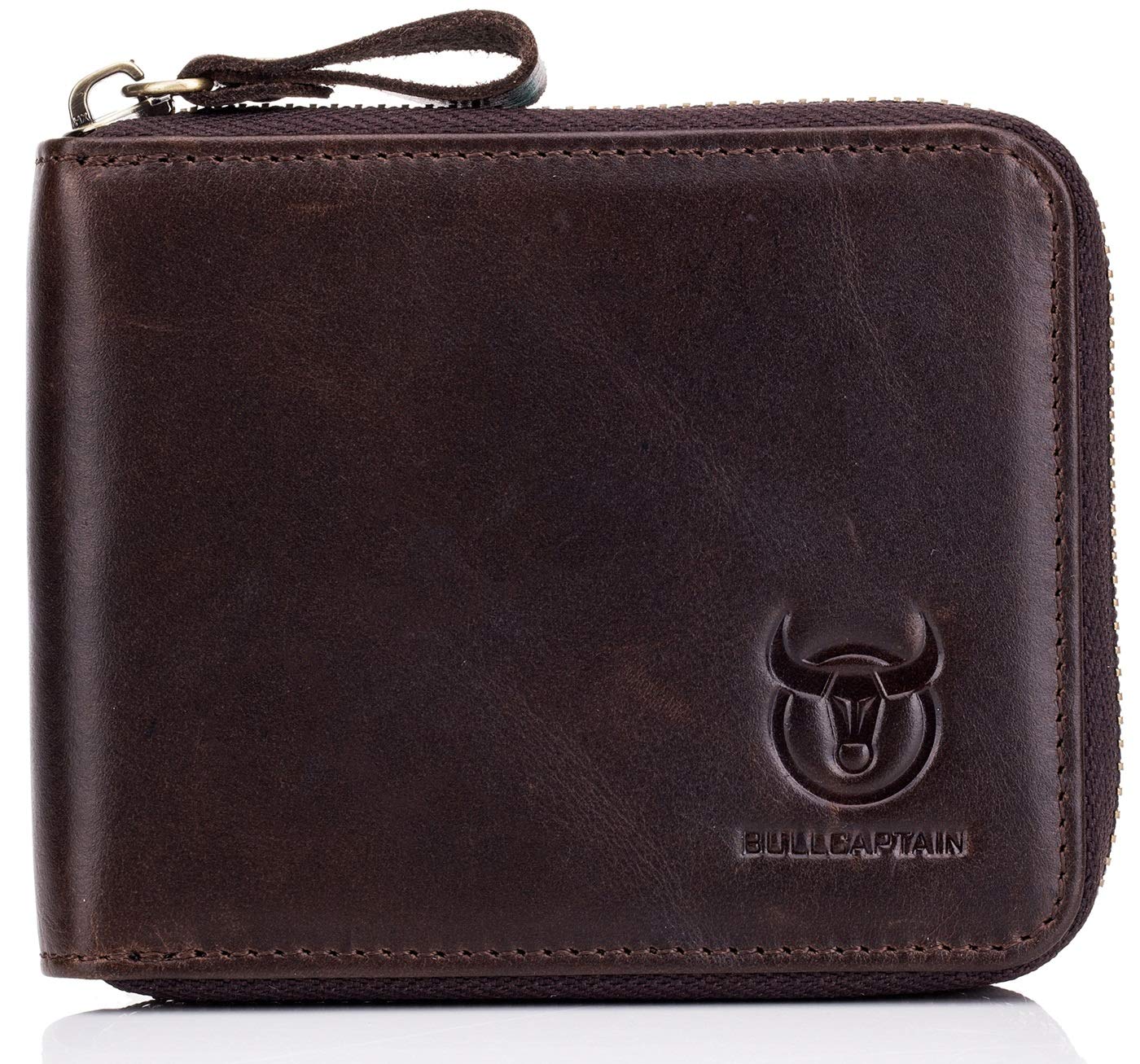 BULLCAPTAIN Genuine Leather RFID Blocking Bifold Wallet for Men - Slim ID Window Credit Card Holder with Zipper (Dark Brown) | Perfect for Everyday Use, Travel & Business