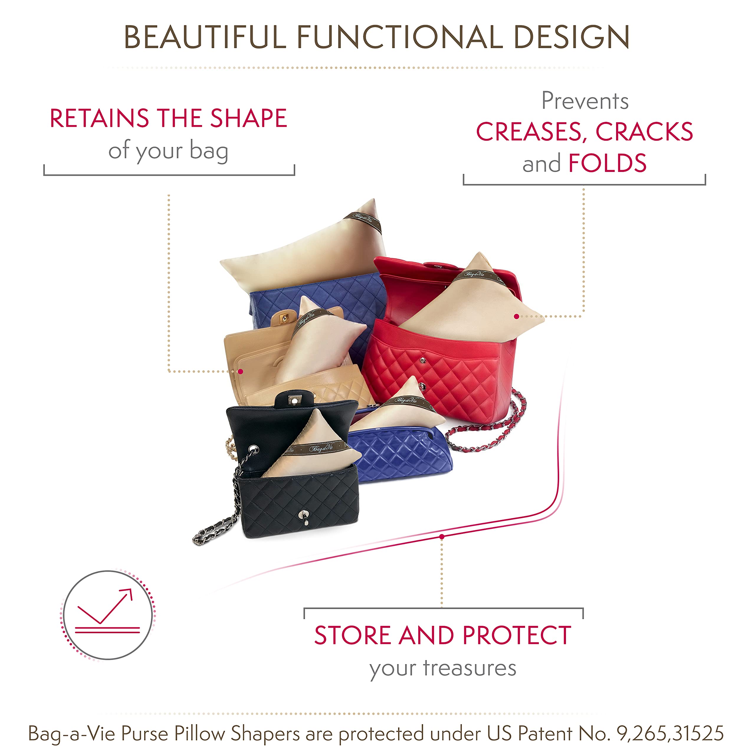 Luxury Purse and Handbag Shapers - Bag-a-Vie Purse Pillow Insert for Shape Protection [5-Pack, Champagne] | Perfect for Designer Bags, Clutches, and Tote Storage