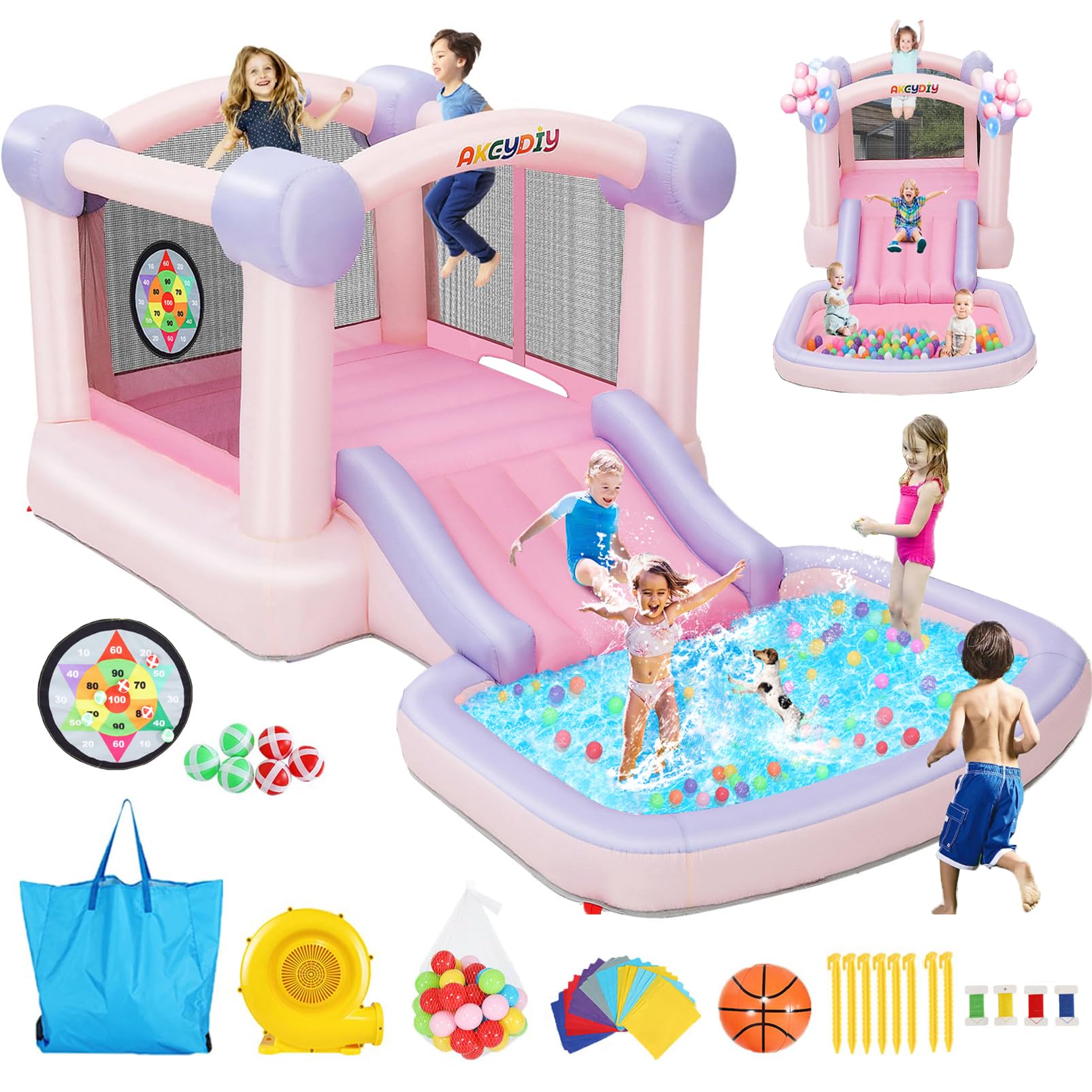 Pastel Inflatable Bounce House with Slide - 161x82x63 Inch Kids Bouncy Castle | Includes Blower, Basketball Hoop & 50 Pastel Balls | Indoor & Outdoor Party Playhouse for Boys & Girls Birthday | Perfect for Backyard, Park & Birthday Celebrations
