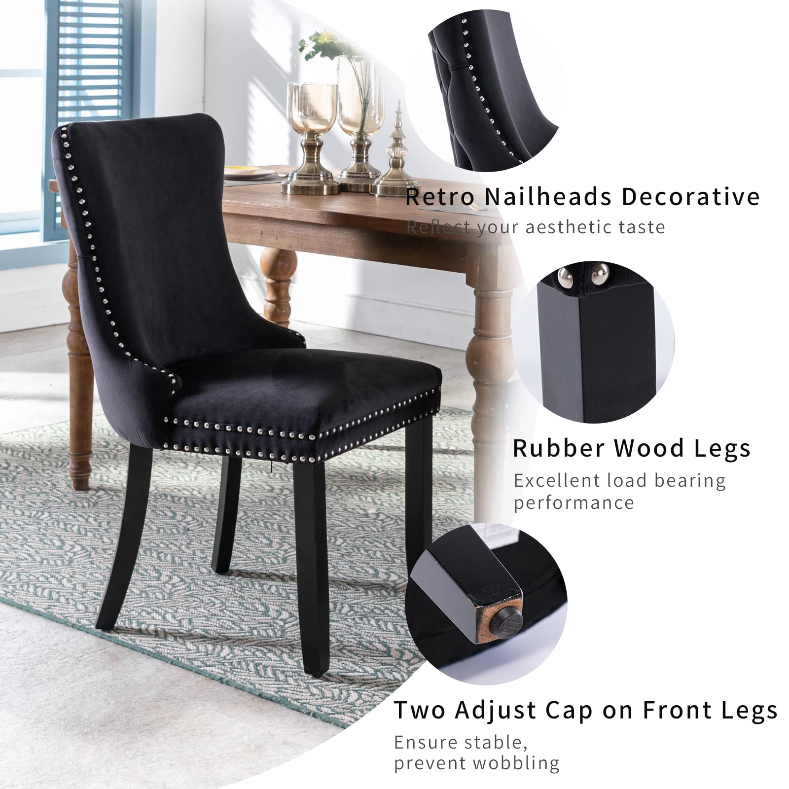 Luxury Black Velvet Dining Chairs Set of 4 - Tufted Backrest, Solid Wood Frame Upholstered Chairs for Kitchen & Dining Room - Elegant Home Decor for Dinner Parties & Family Gatherings (Black, 4 Pieces)