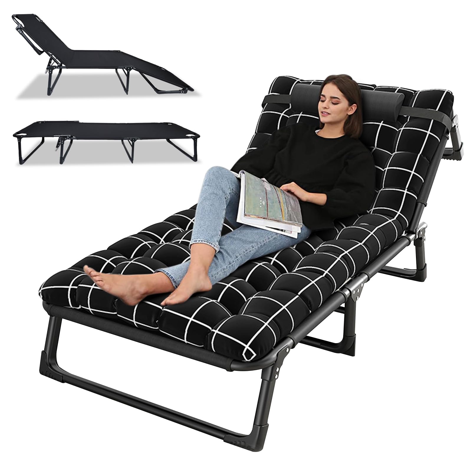 Adjustable 4-Position Reclining Folding Camping Cot for Adults with Pillow - Portable Outdoor Lounge Chair & Sleeping Bed - Perfect for Camping, Backyard, Beach, Poolside & Office Nap (Black)