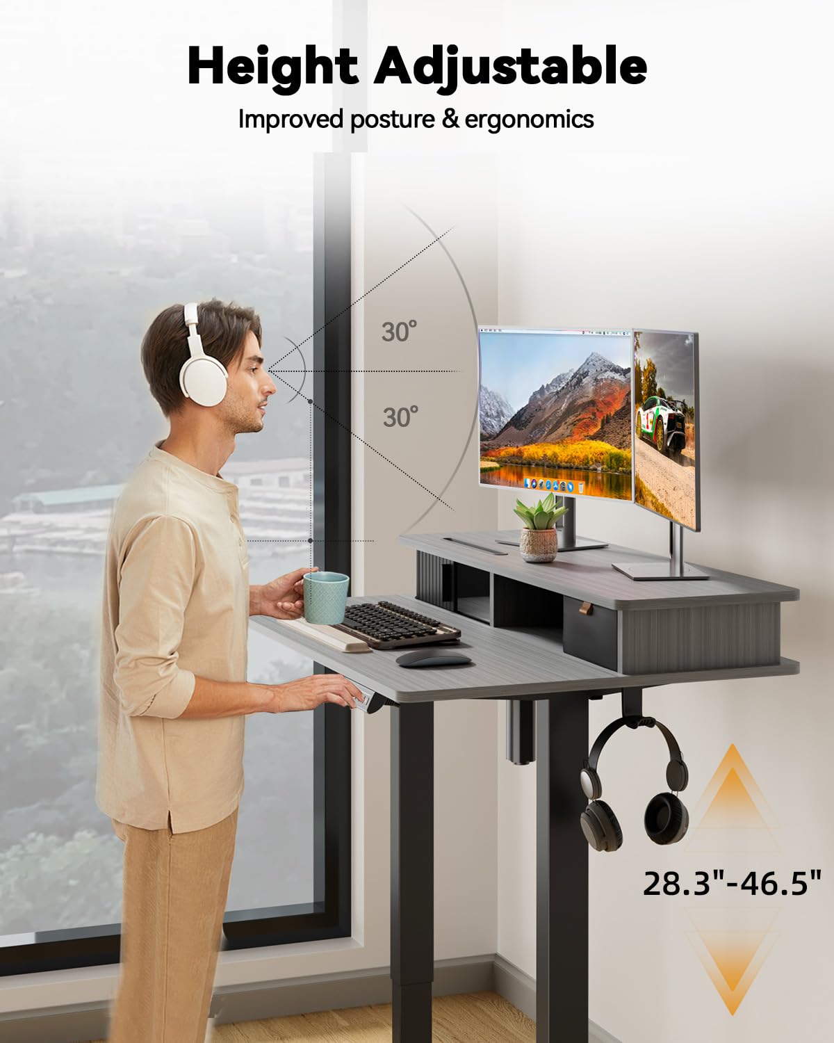 JOY Worker 35 x 25 Inch Electric Standing Desk - Height Adjustable Home Office Desk with Built-in Monitor Stand, Storage Drawer & 2 Hooks (Grey) | Perfect for Remote Work, Gaming Setup & Small Workspaces