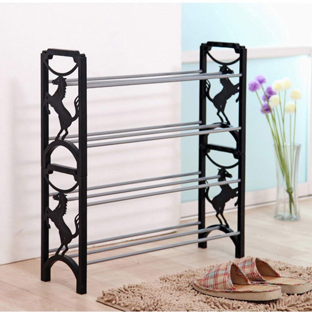 4-Tier Stackable Shoe Organizer - Expandable Plastic Shoe Rack for Boots & Shoes - Space Saving Storage Shelf for Entryway, Closet, Balcony & Corner (Black)