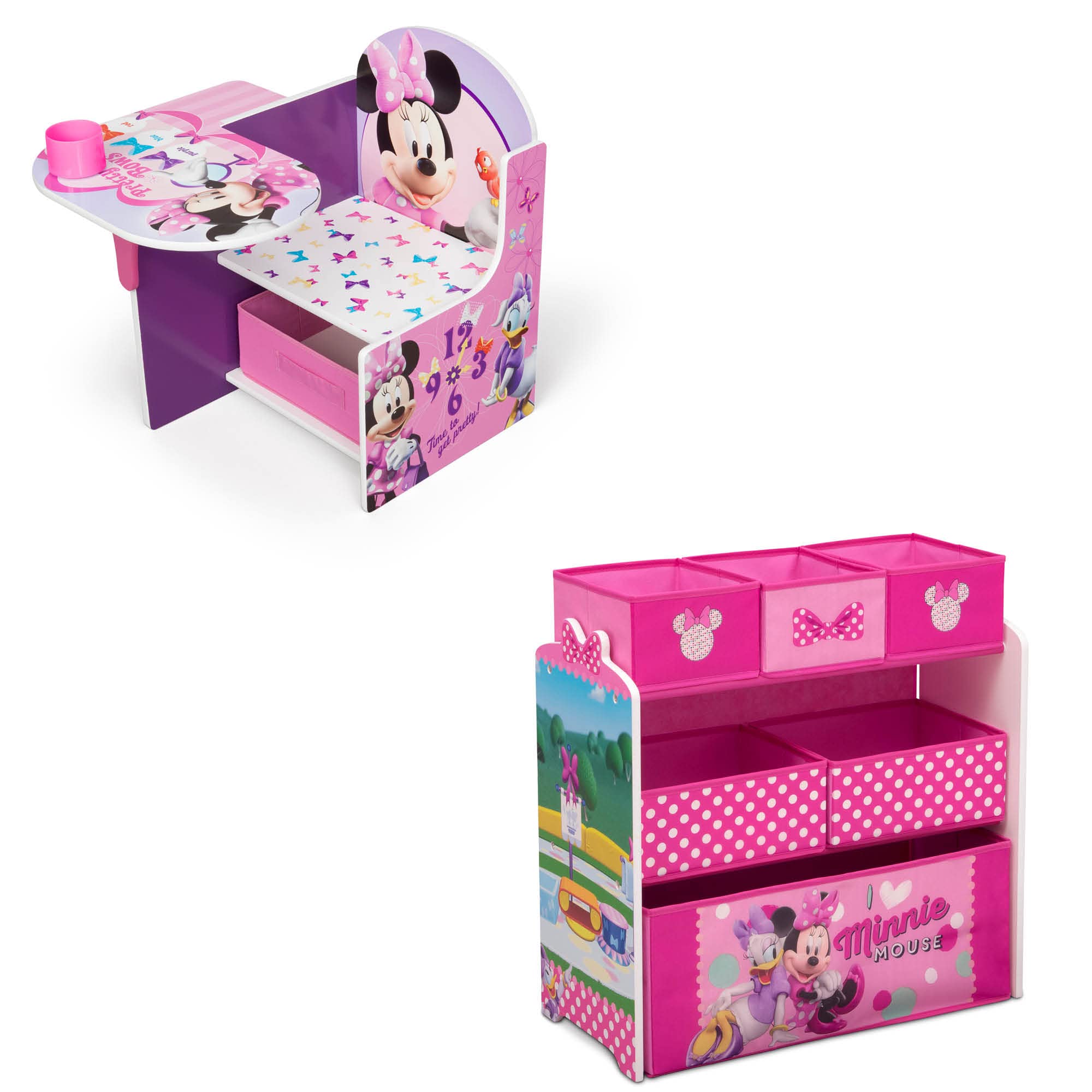 Delta Children 6-Bin Toy Storage Organizer with Disney Minnie Mouse Chair & Desk - Kids Playroom Organization Solution for Toys, Books & Art Supplies