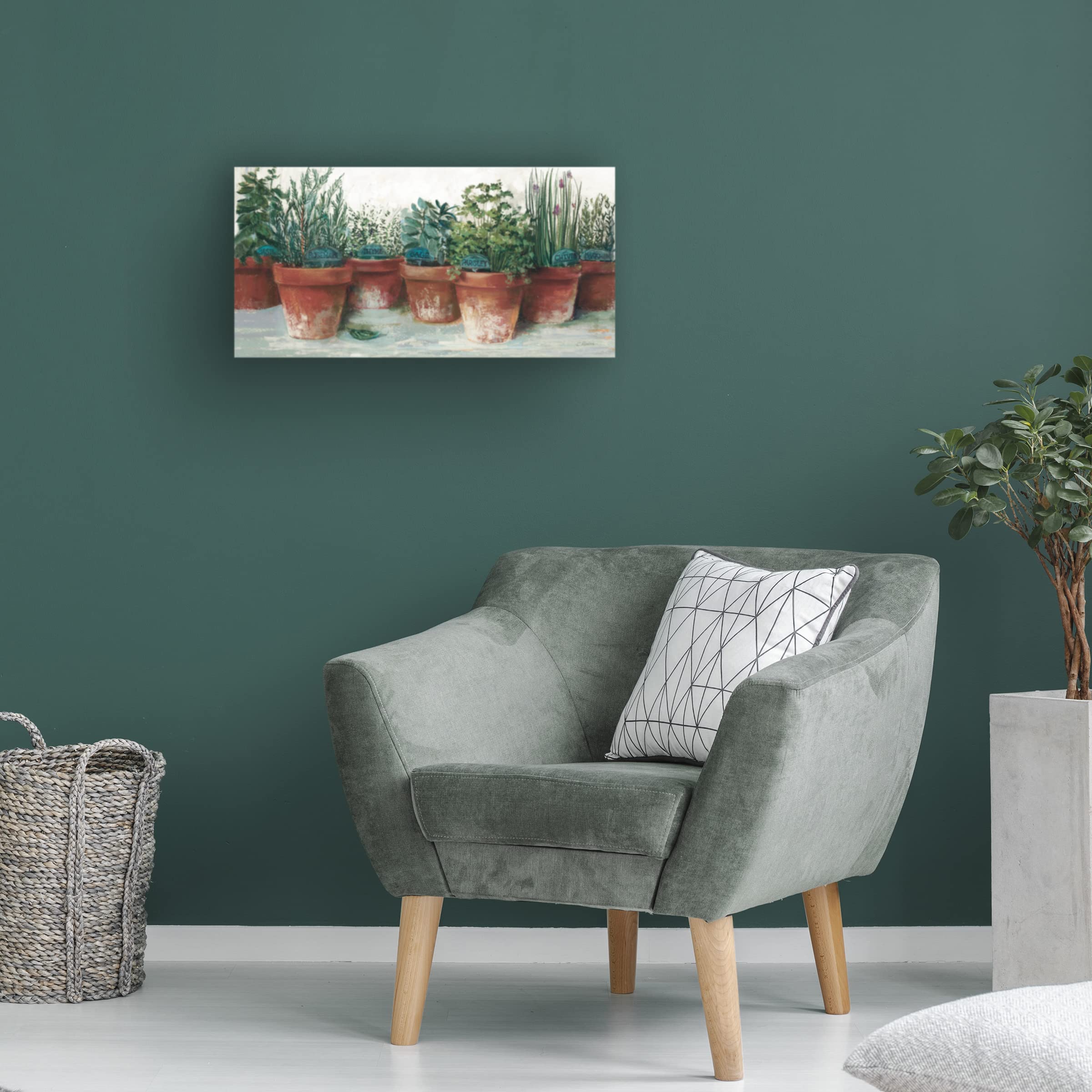 Carol Rowan 'Pots of Herbs II White' Floral Canvas Wall Art Print - 24x47 Inches, Modern Home Decor for Living Room, Bedroom & Office