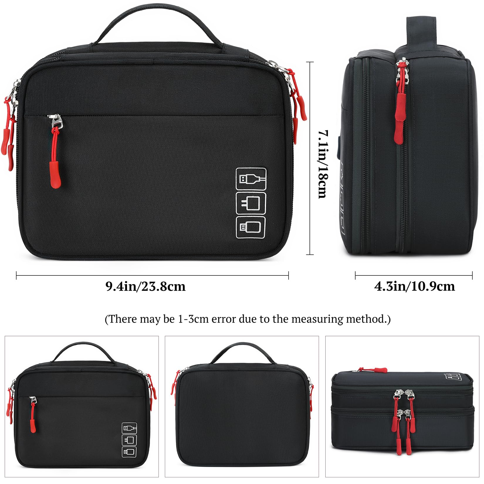 Portable Waterproof Travel Charger Cable Organizer Bag - Double Layer Electronics Storage Case for Hard Drives, Phones, USB Cables & SD Cards - Perfect for Travel, Office & Car Organization (Black)
