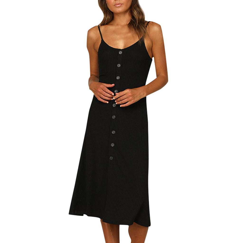 Pitashe Women's Spaghetti Strap Knit Dress - Sleeveless Button Down Bodycon Midi Dress for Spring & Autumn | Slim Fit Casual Vest Dress in Black | Perfect for Date Nights, Office Wear & Weekend Outings