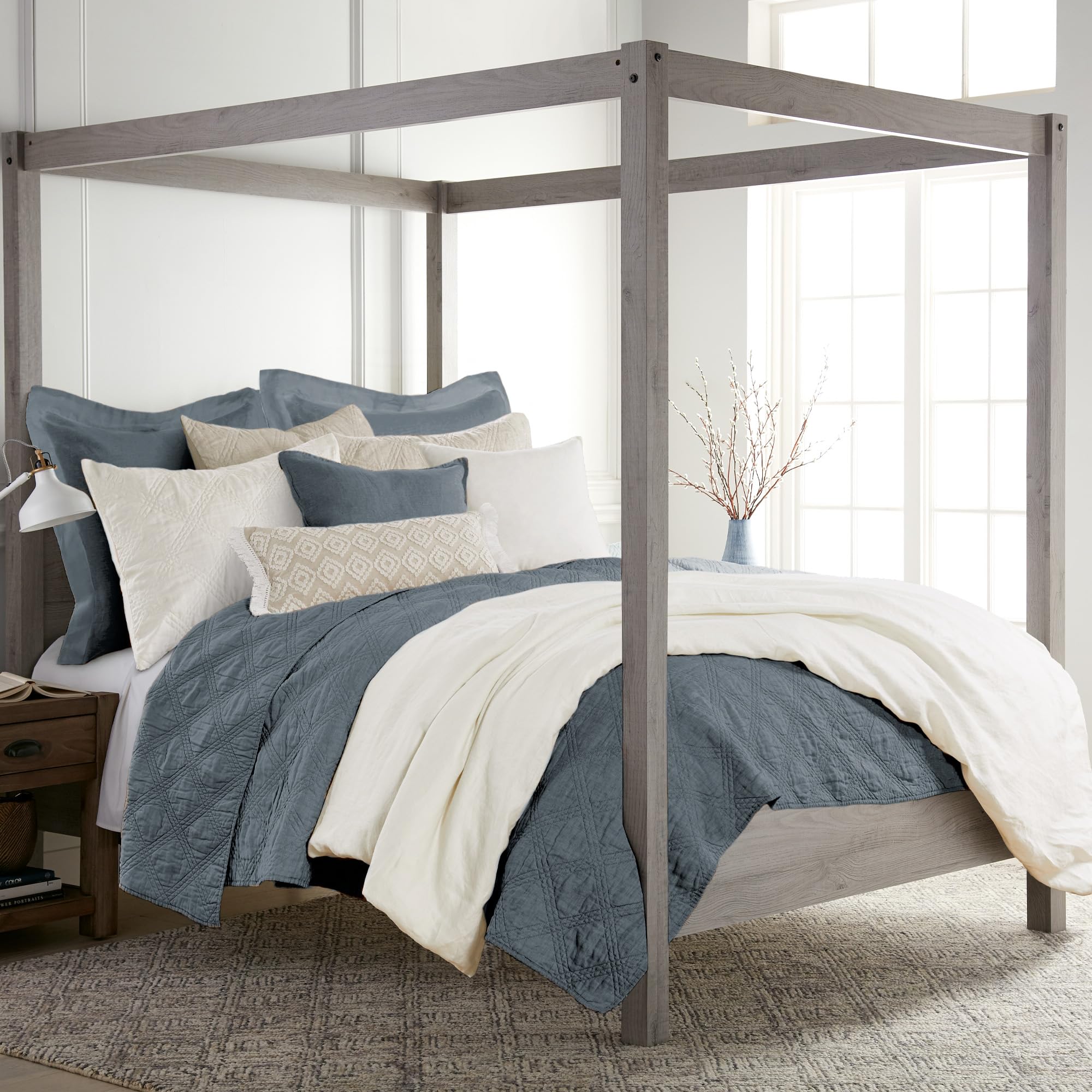Levtex Home 100% Linen Front Cotton Back King Size Quilt Set - Washed Linen Denim Blue - 106 x 92 Inches - Luxury Bedding for Master Bedroom & Guest Room Decor