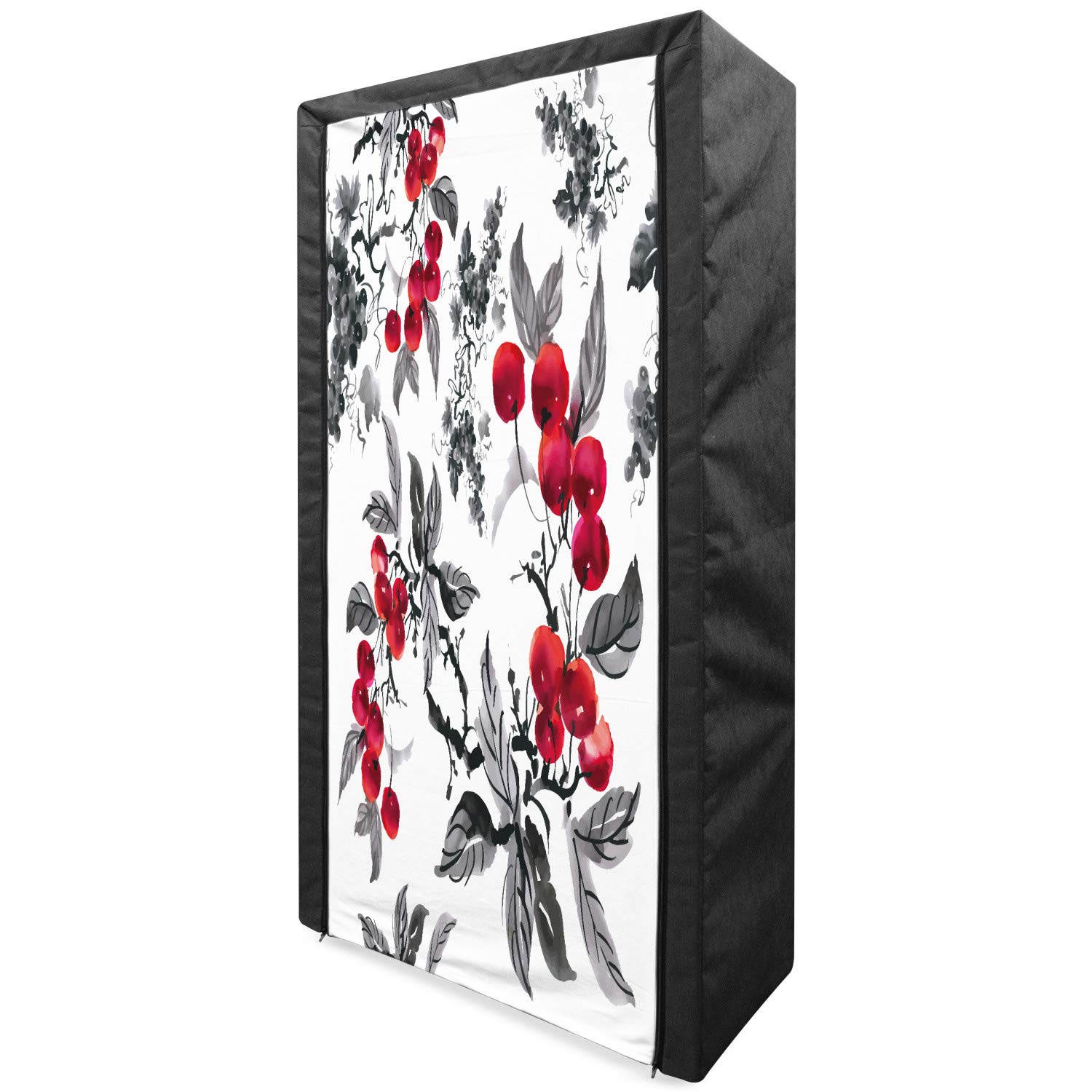 Ambesonne Rowan Portable Fabric Wardrobe - Watercolor Mountain Ash Forest Design Clothing Organizer with Shelves, 33.5 Inch, Ruby Grey Black - Perfect for Bedroom, Closet, Dorm & Small Space Storage