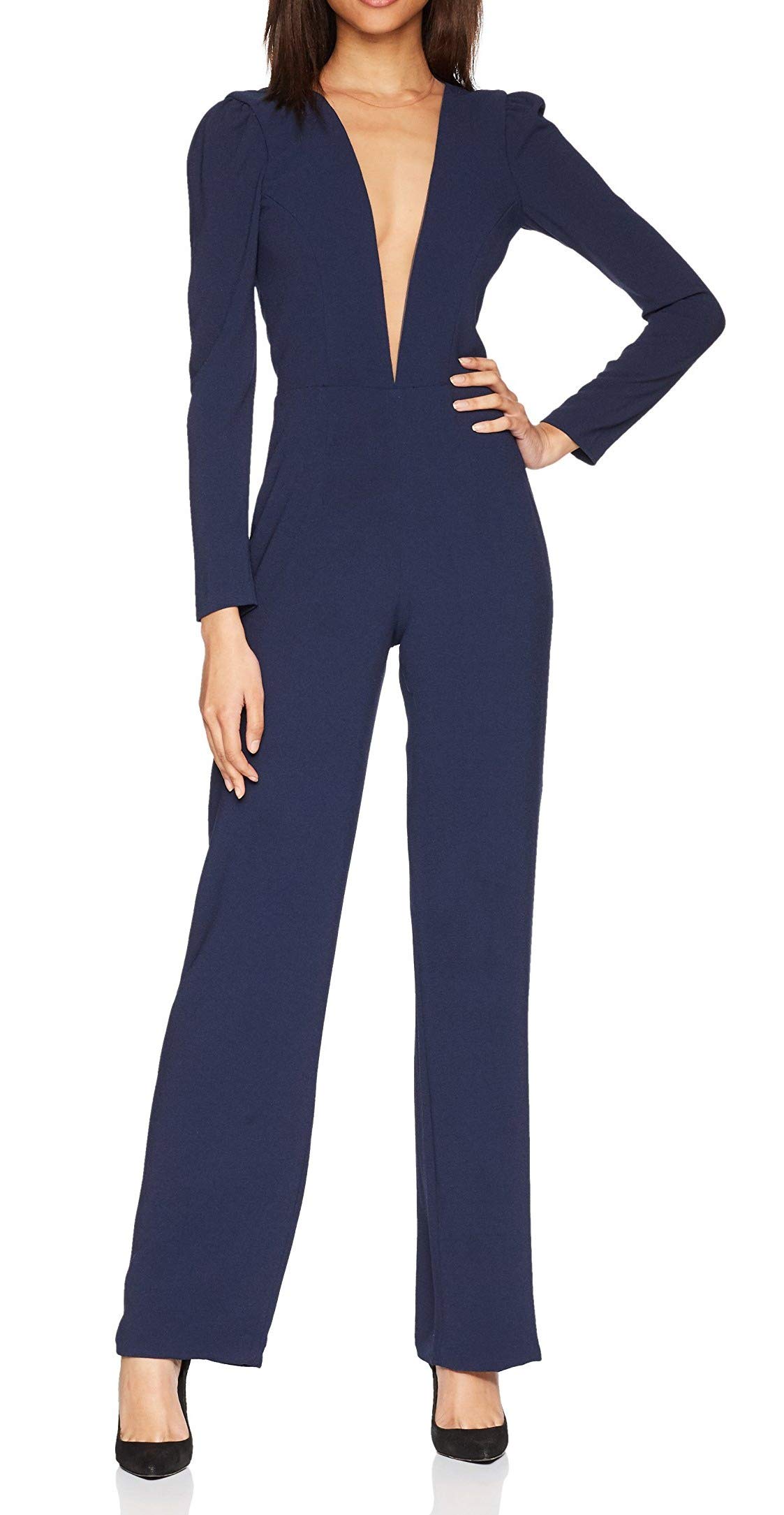 Dress the Population Women's Drew Long Sleeve Plunging Jumpsuit - Elegant One-Piece Romper for Evening Parties & Special Occasions