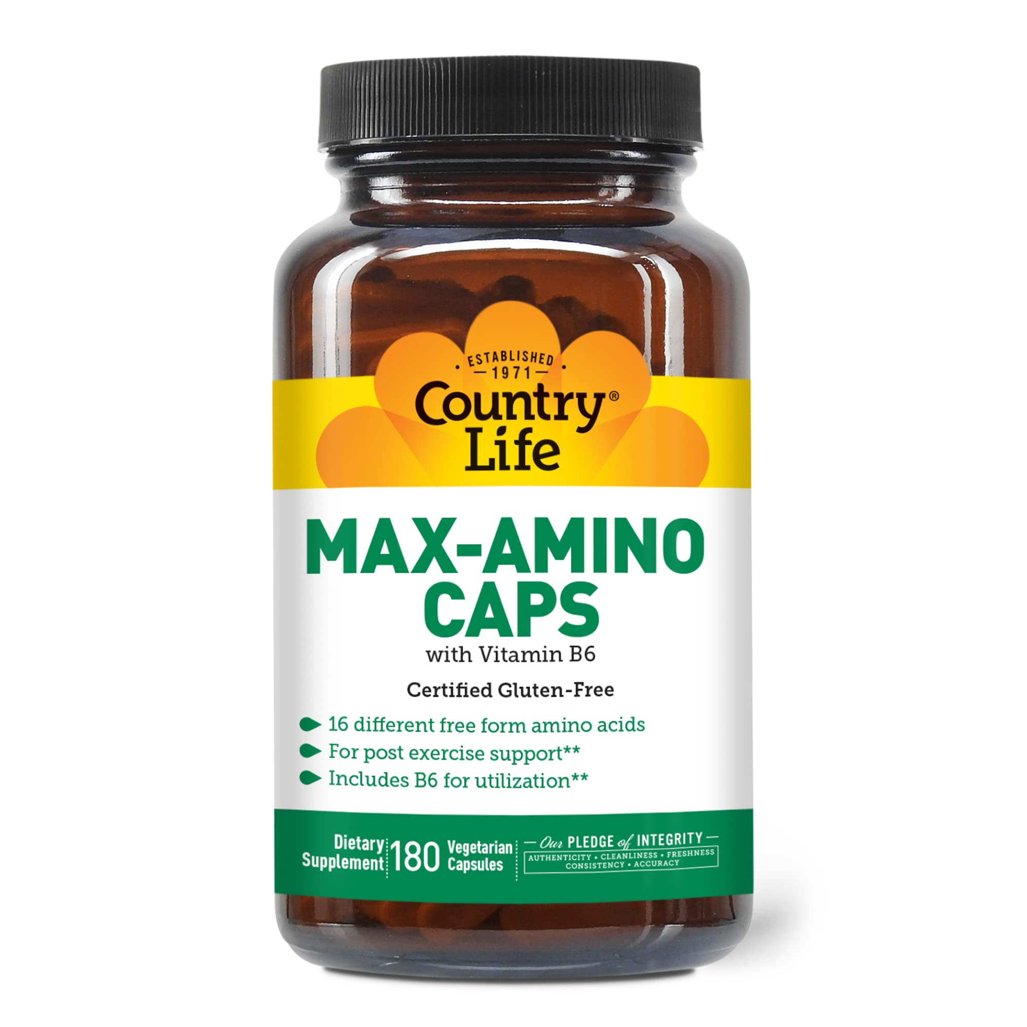 Country Life Maxi-Amino with 16 Free Form Amino Acids - 180 Vegetarian Capsules for Muscle Recovery & Energy Support - Gluten Free & Vegetarian Certified - Ideal for Athletes, Fitness Enthusiasts & Active Lifestyles