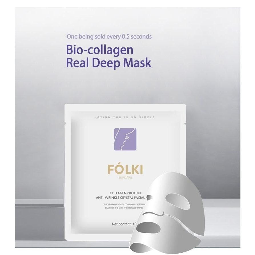 FOLKI Collagen Protein Face Mask with Hyaluronic Acid, Vitamin E & Niacinamide - Deep Moisturizing & Anti-Aging Treatment for All Skin Types - Hydrating Sheet Mask Set (4 Pack) - Perfect Gift for Women, Self-Care & Spa Night