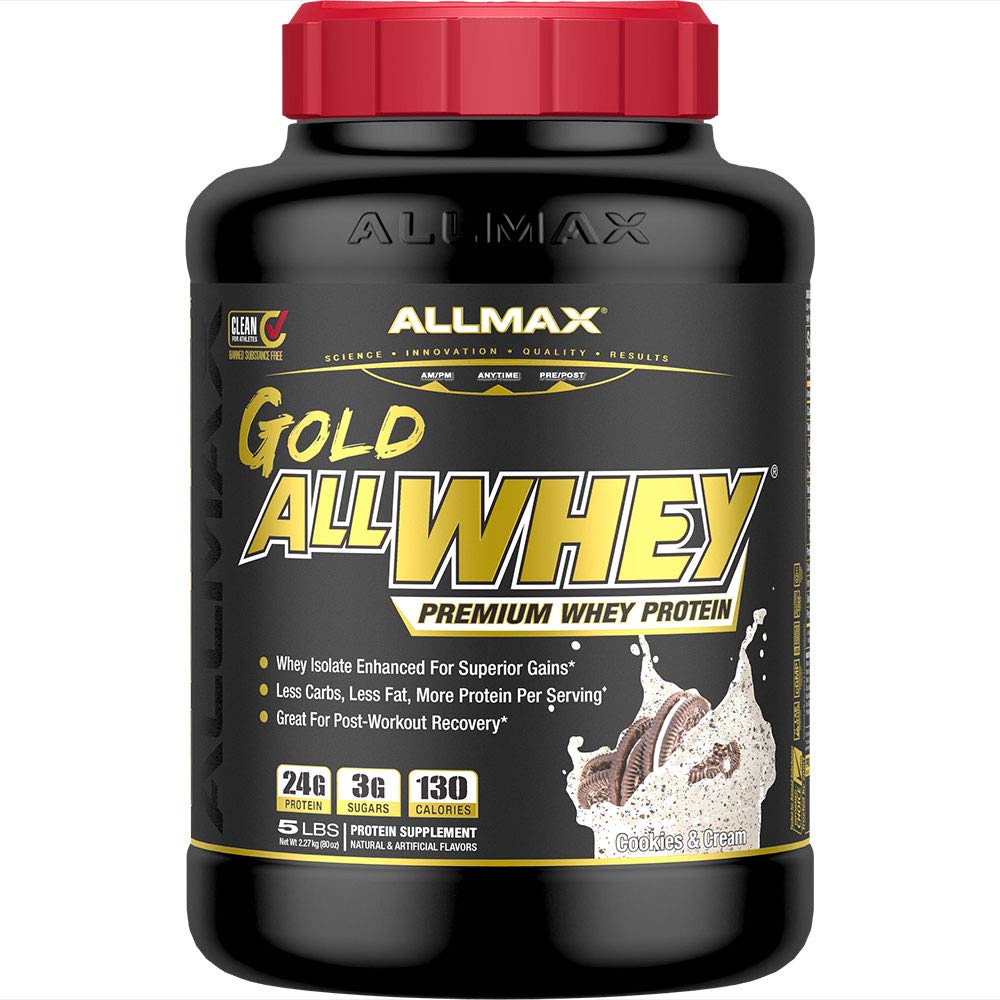 ALLMAX Nutrition Gold ALLWHEY Protein Powder, Cookies & Cream Flavor - 5 lb (71 Servings) - 24g Protein Per Scoop, Gluten Free, Low Carb & Low Sugar - Ideal for Post-Workout Recovery, Muscle Building & Weight Management