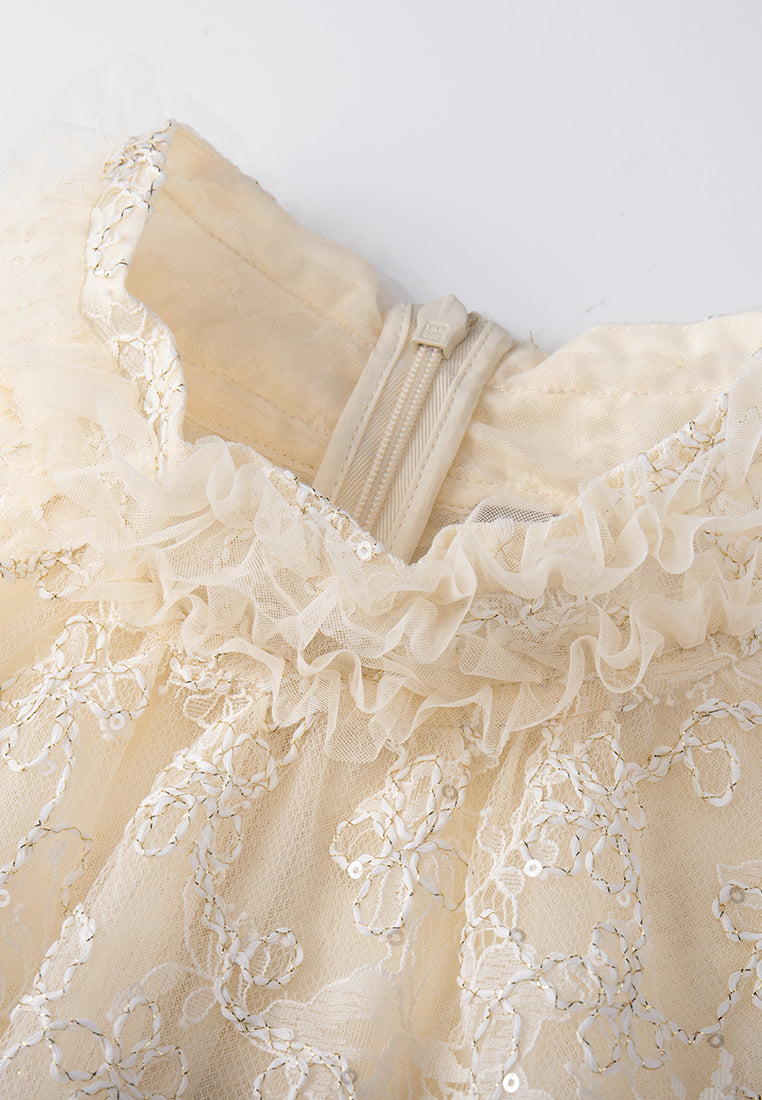 Elegant Lurex Ruffle Collar Puff Sleeve Lace Blouse for Women - Perfect for Office Wear, Date Night & Special Occasions