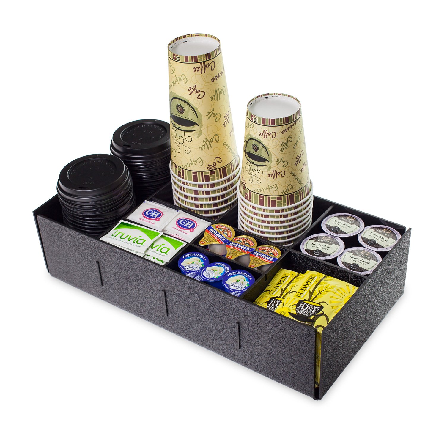 Source One 9-Compartment Condiment Organizer - Adjustable Dividers for Cups, Lids & More (1 Pack, Black) | Perfect for Kitchen Storage, Office Supplies & Restaurant Organization