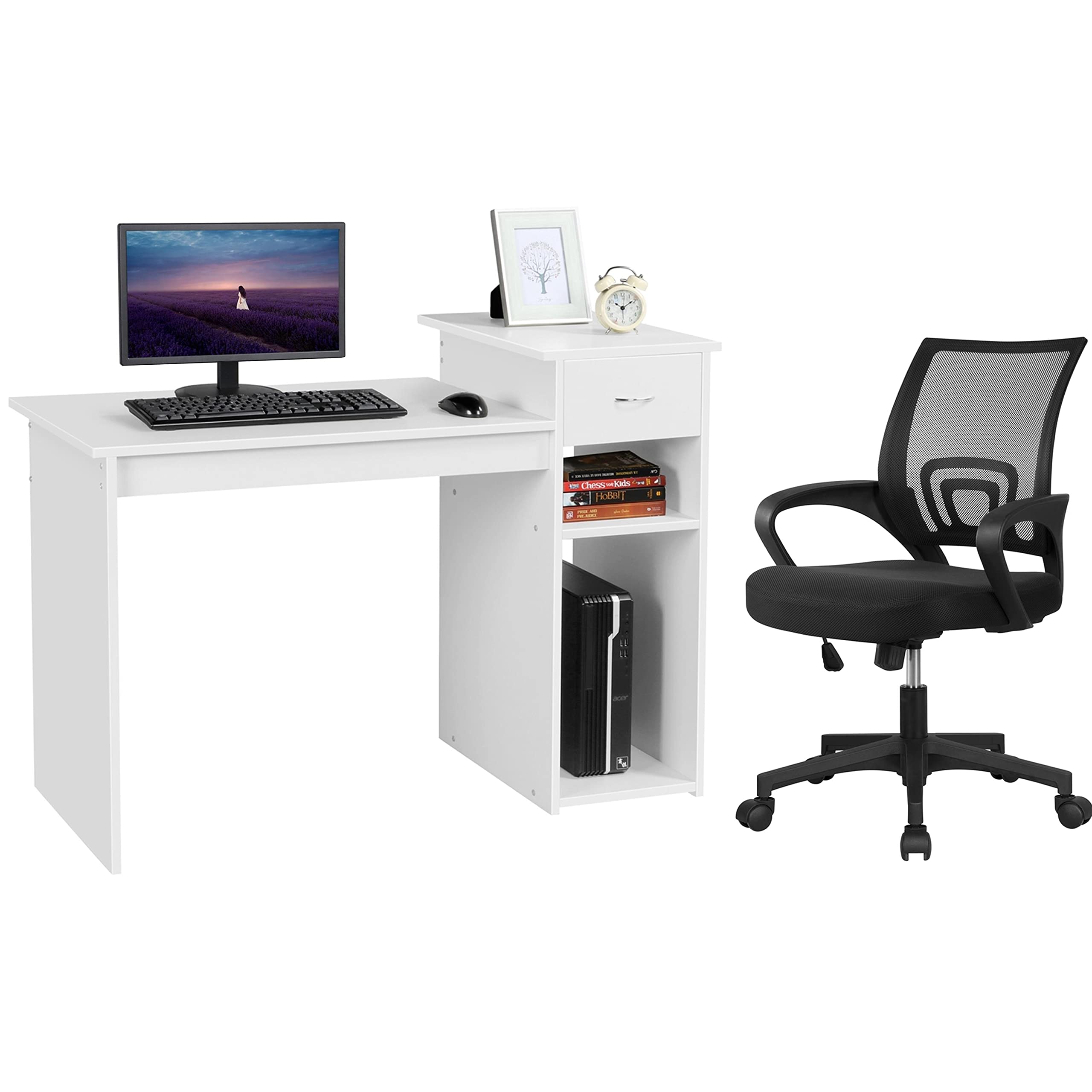 Yaheetech 44 Inch Home Office Desk & Ergonomic Chair Set with Drawer - Adjustable Height Computer Desk & Mesh Back Office Chair in White & Black - Perfect for Small Spaces, Remote Work & Gaming Setup
