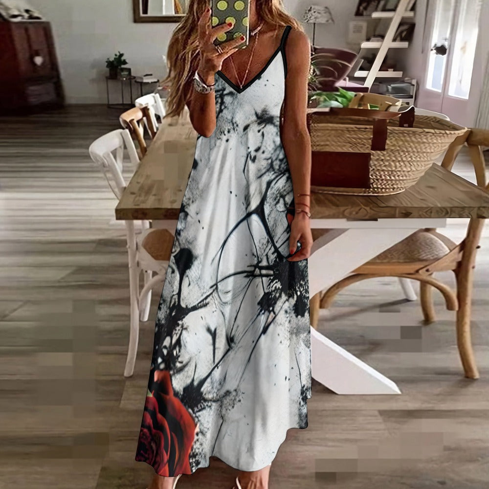 Gothic Paint Splatter Style Sling Ankle Long Dress - Elegant Gothic Maxi Dress with Artistic Splatter Design for Women | Perfect for Halloween, Cosplay, Gothic Parties and Alternative Fashion Events