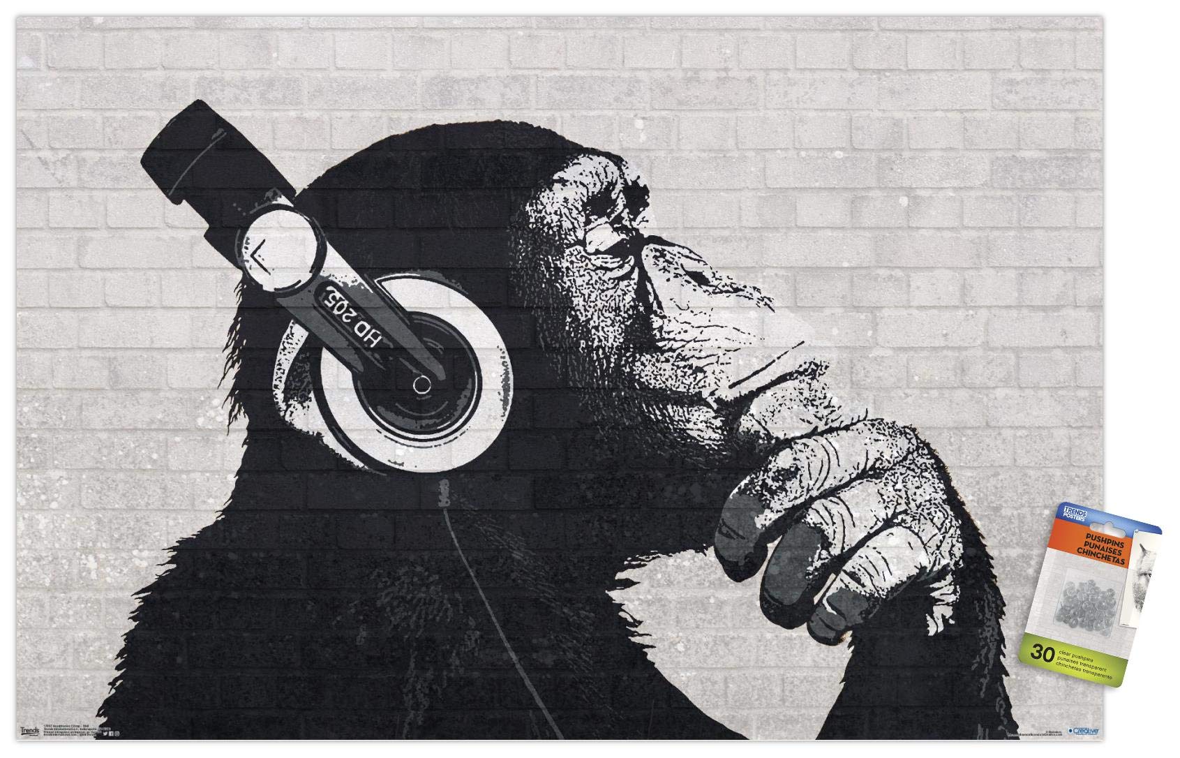 Funny Chimp Wearing Headphones Wall Art Poster - Push Pin Hanging Decor for Bedroom, Office & Dorm Room