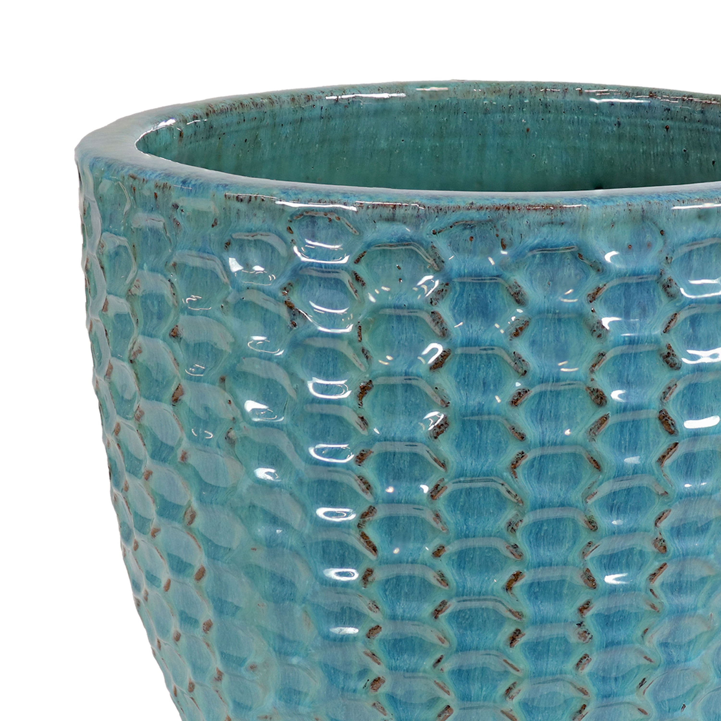 Sunnydaze 14 Inch Ceramic Plant Pot with Turquoise Raised Hexagon Pattern - Indoor Outdoor Flower Planter for Home Garden, Patio, and Balcony Decor