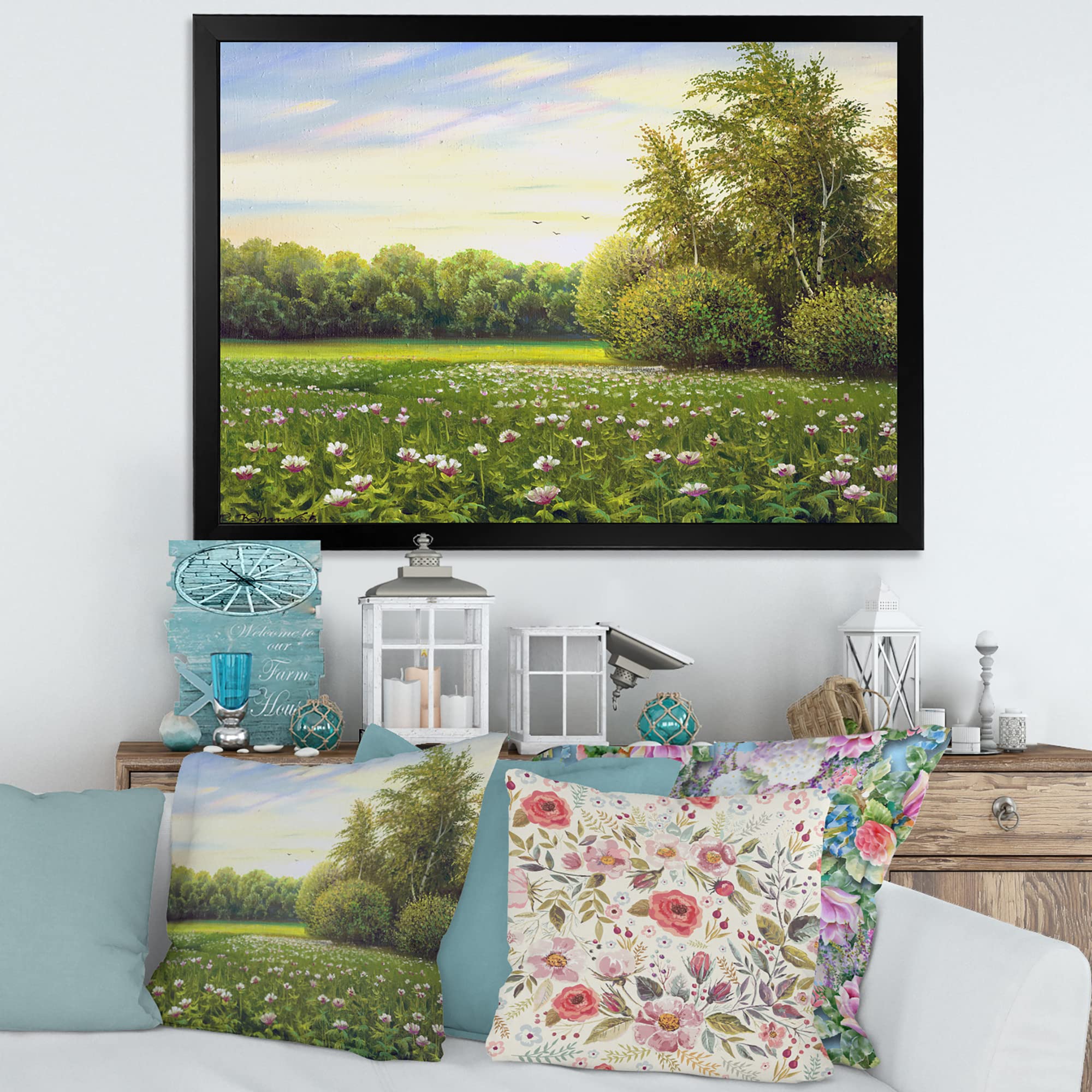 Spring Trees By The Meadows Country Framed Wall Art - Landscape Painting for Living Room, Bedroom & Office Decor