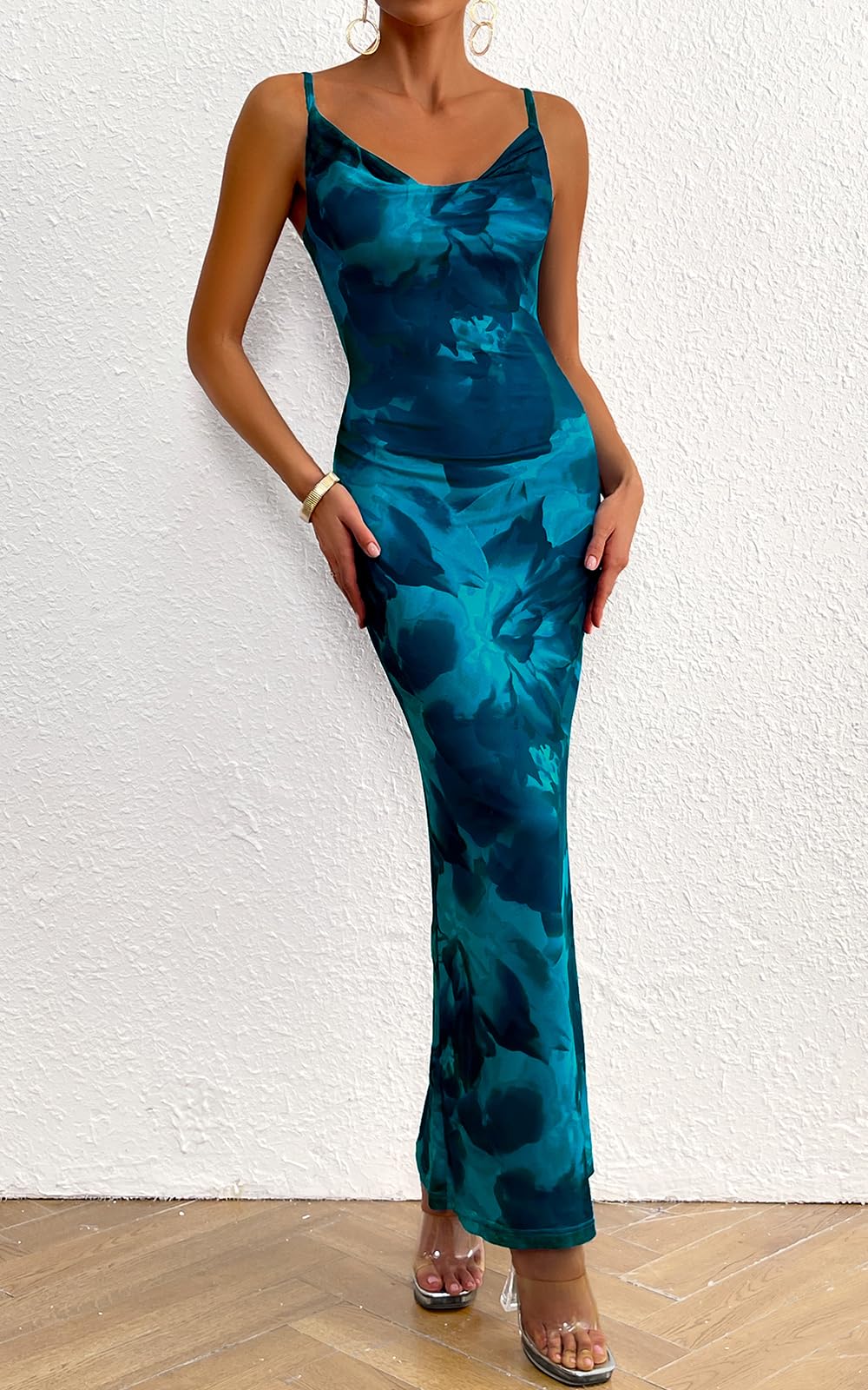 PRETTYGARDEN Women's Floral Spaghetti Strap Maxi Dress - Stretchy Sexy Backless Bodycon Slip Dress for Summer 2025 | Perfect for Beach Vacations, Date Nights & Evening Parties