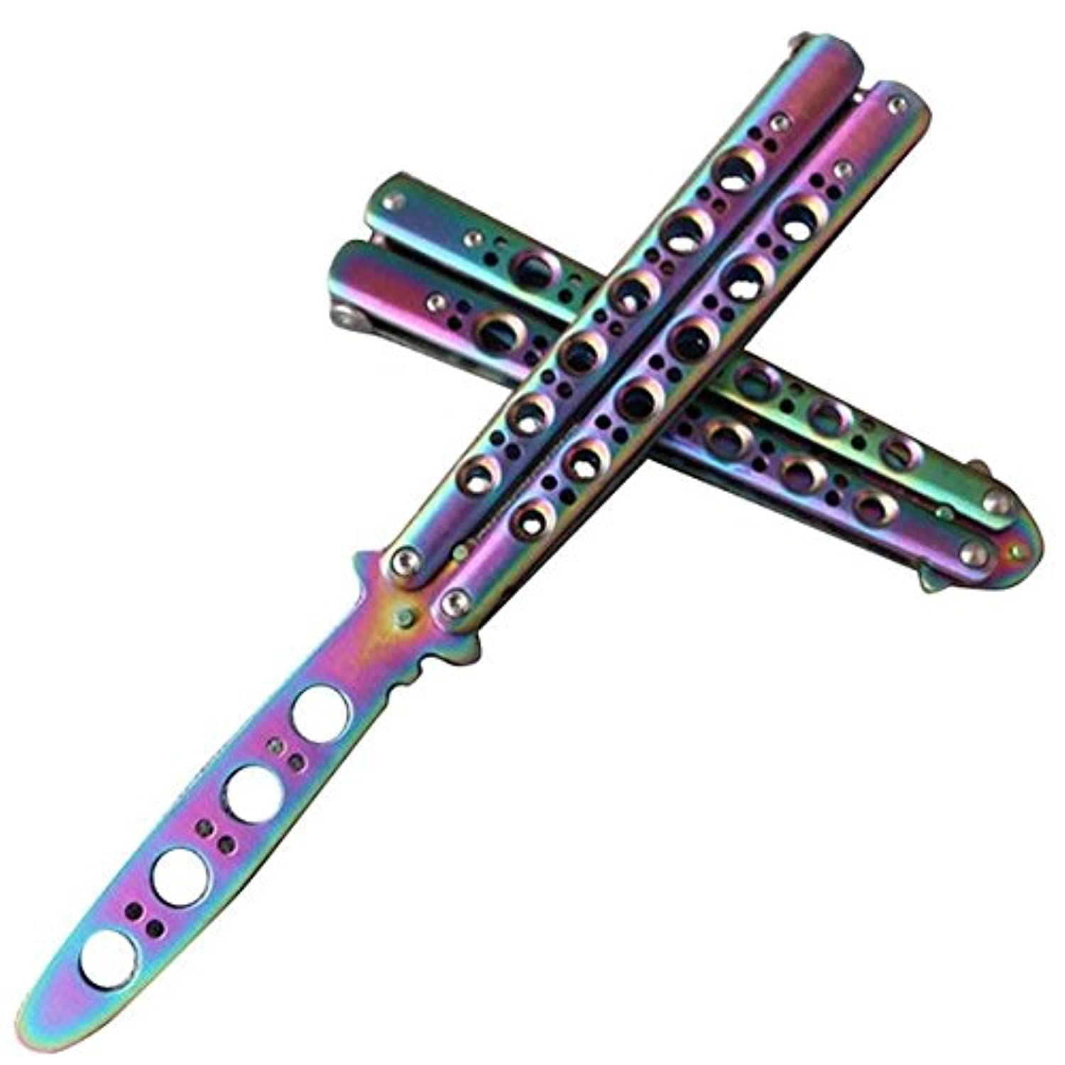 Oliasports Rainbow Practice Balisong - Metal Butterfly Knife Trainer with Dull Blade for Safe Flipping Tricks - Perfect for Beginners, Martial Arts Training & EDC Skill Development