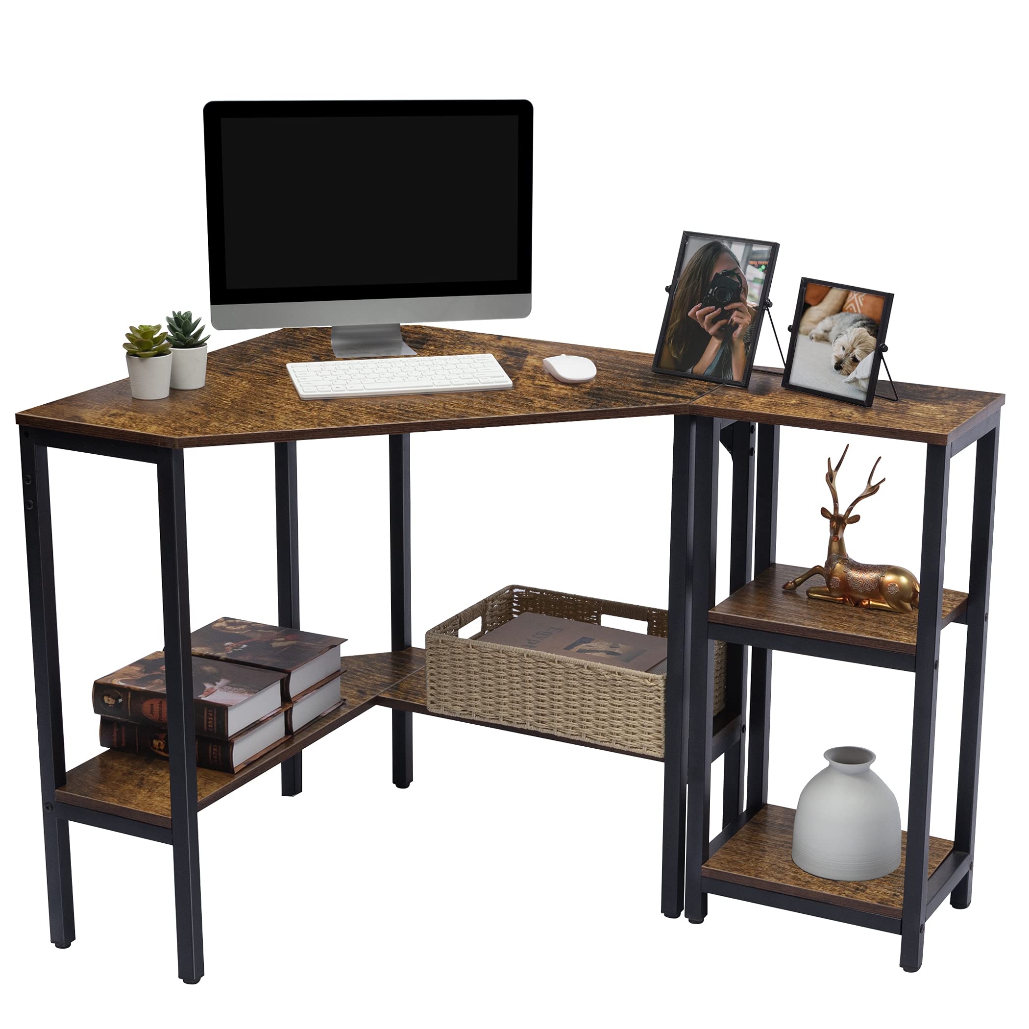 LAVIEVERT Rustic Brown Triangle Corner Desk with Storage Shelves - Compact Computer Desk for Laptop, Writing & Study - Perfect for Small Spaces, Home Office & Dorm Rooms