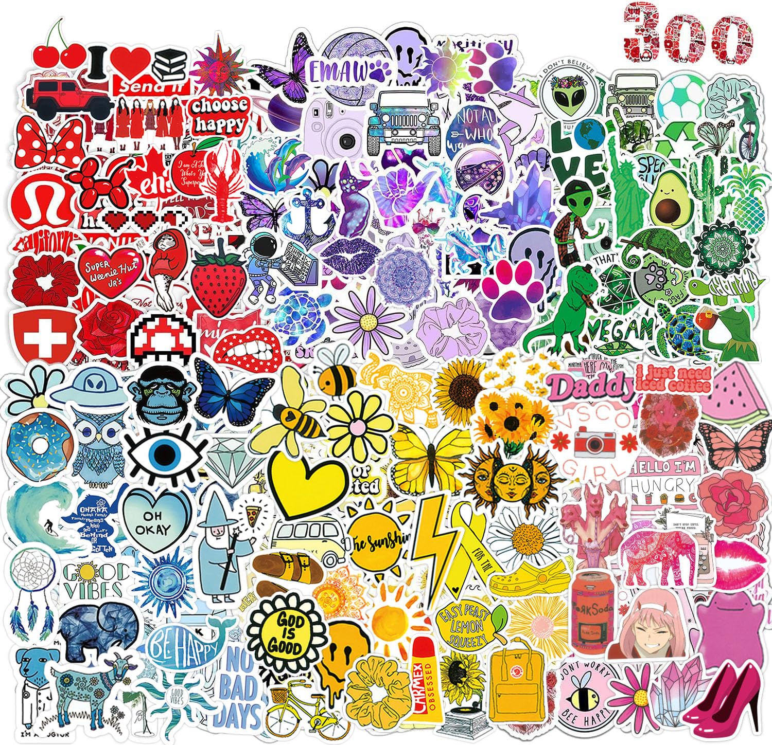 300 Pcs Cute Waterproof Vinyl Stickers Pack - Colorful Aesthetic Stickers for Water Bottles, Laptops, Scrapbooks, Journals & Skateboards - Perfect for Kids, Teens & Adults - DIY Decoration for School, Office & Travel Accessories