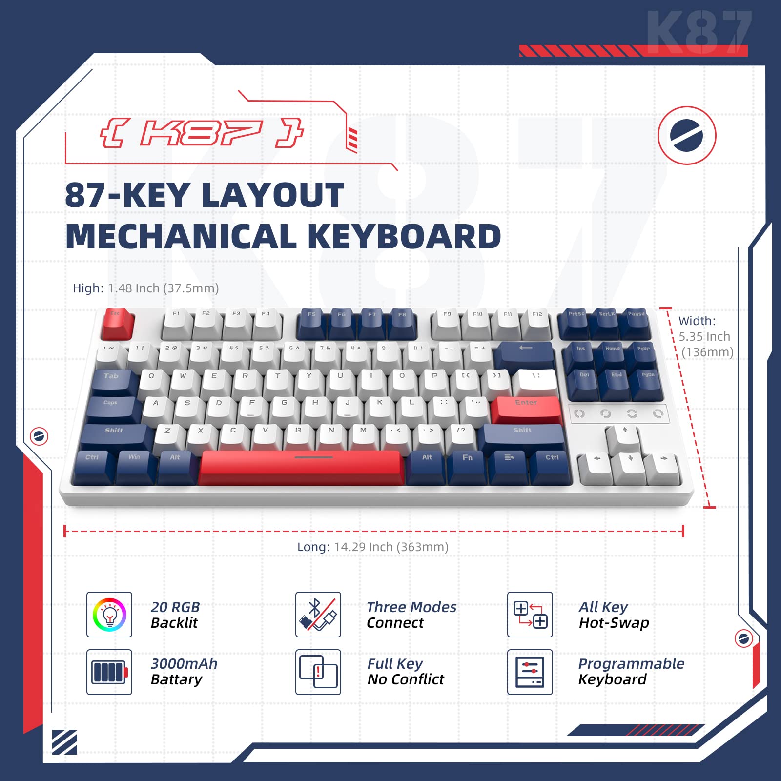 MAMBASNAKE K87 TKL Hot Swappable Wireless Mechanical Gaming Keyboard - Custom Coiled USB-C Cable, Triple Mode (2.4Ghz/Bluetooth 5.0/Wired), Red Switches, 20 RGB Backlit, 3000mAh Battery - Perfect for PC Gaming, Office Work & Typing Enthusiasts