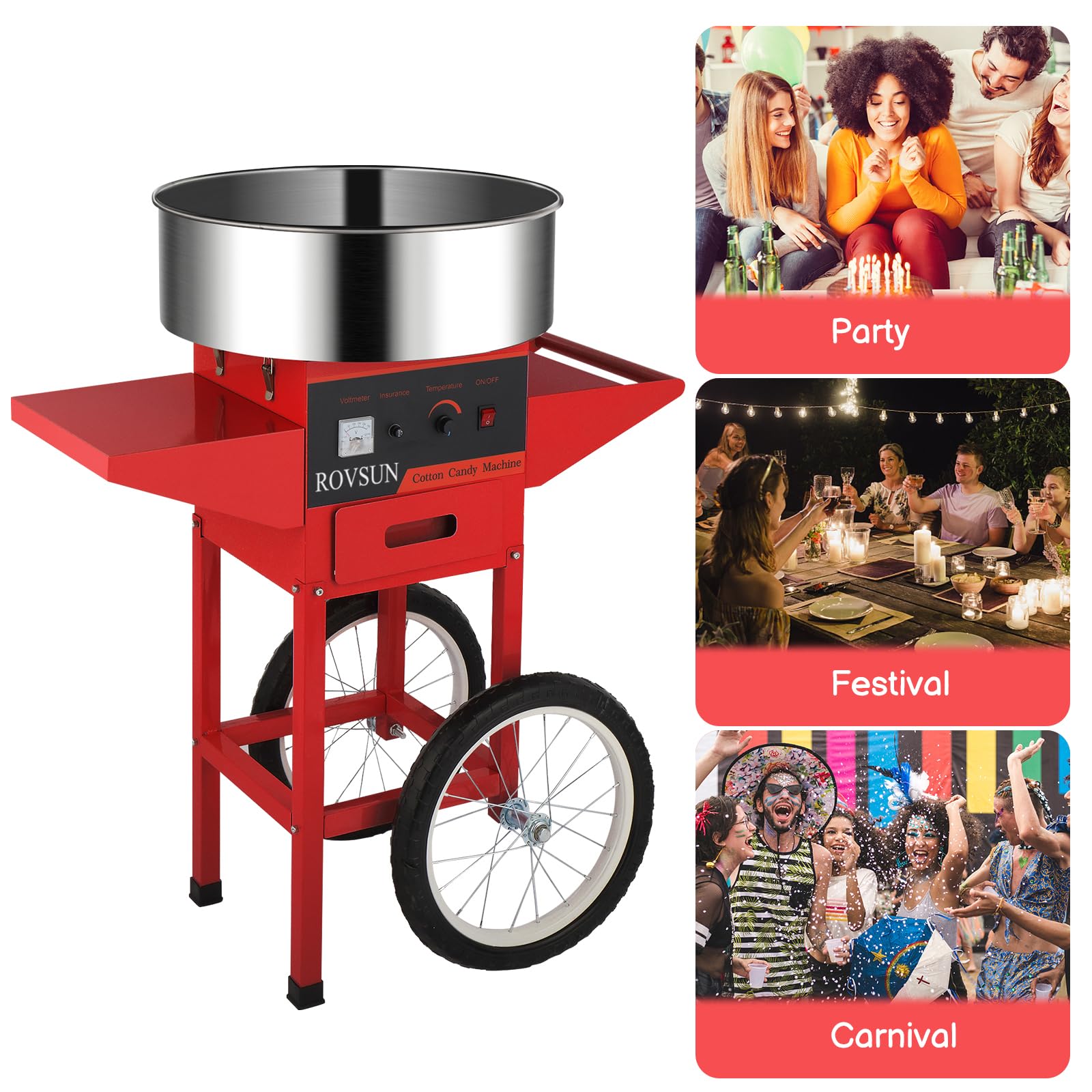 ROVSUN 21 Inch Commercial Cotton Candy Machine Cart with Stainless Steel Bowl, Sugar Scoop & Storage Drawer - Candy Floss Maker for Home, Parties, Carnivals & Events (Red) | Perfect for Birthday Celebrations, Wedding Receptions & School Fairs