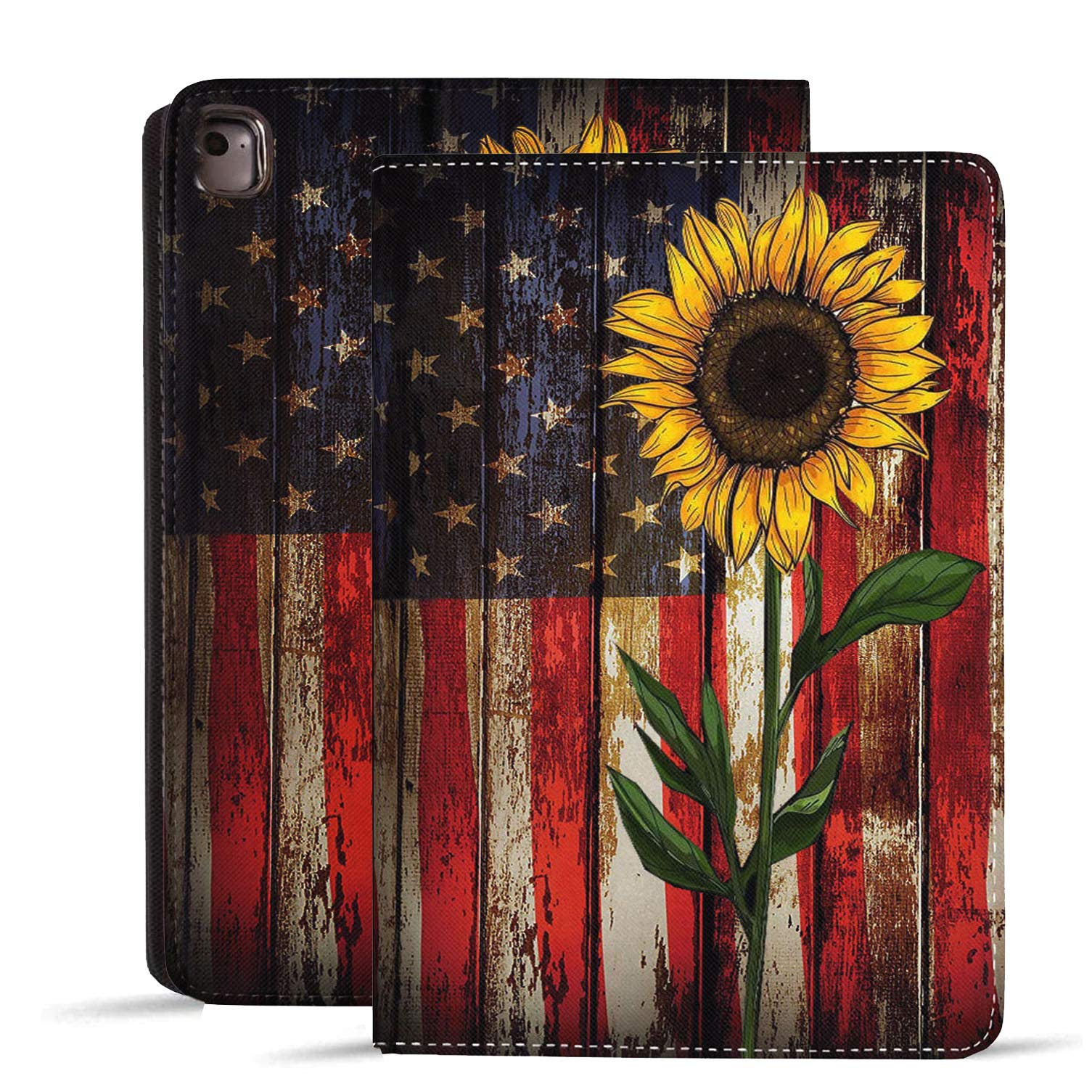 Premium Leather iPad Case for iPad 9.7 (2018/2017), iPad Air 2, iPad Pro 9.7 & iPad Air - Protective Smart Cover with Auto Wake/Sleep & Adjustable Stand - Compatible with iPad 6th/5th Gen - Patriotic Red Line American Flag Sunflower Design - Perfect for Work, Travel & Home Use