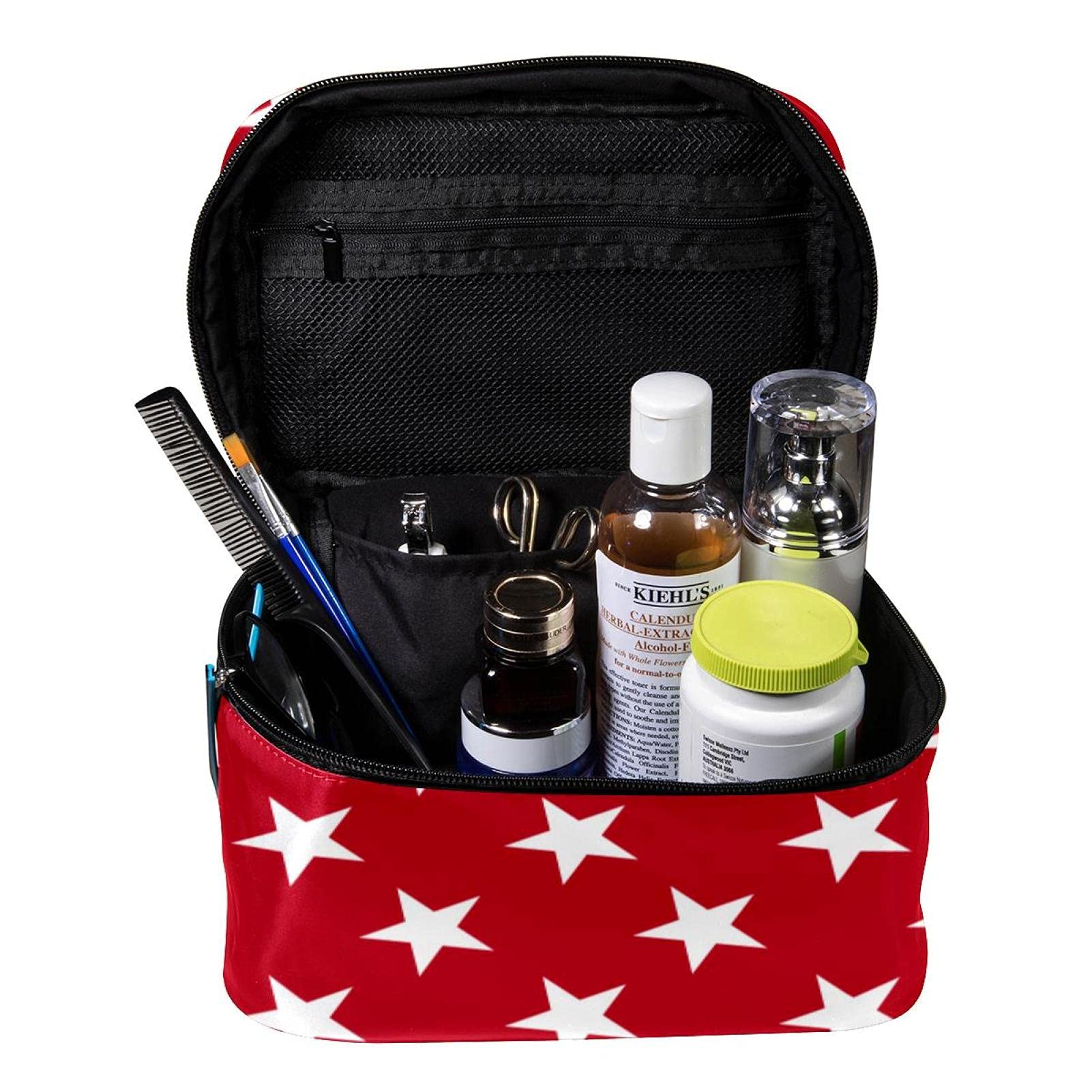 White Stars Red Pattern Large Travel Makeup Bag - Cosmetic Organizer Case with Zipper for Women & Girls | Perfect for Vacation, Gym, and Daily Essentials Storage