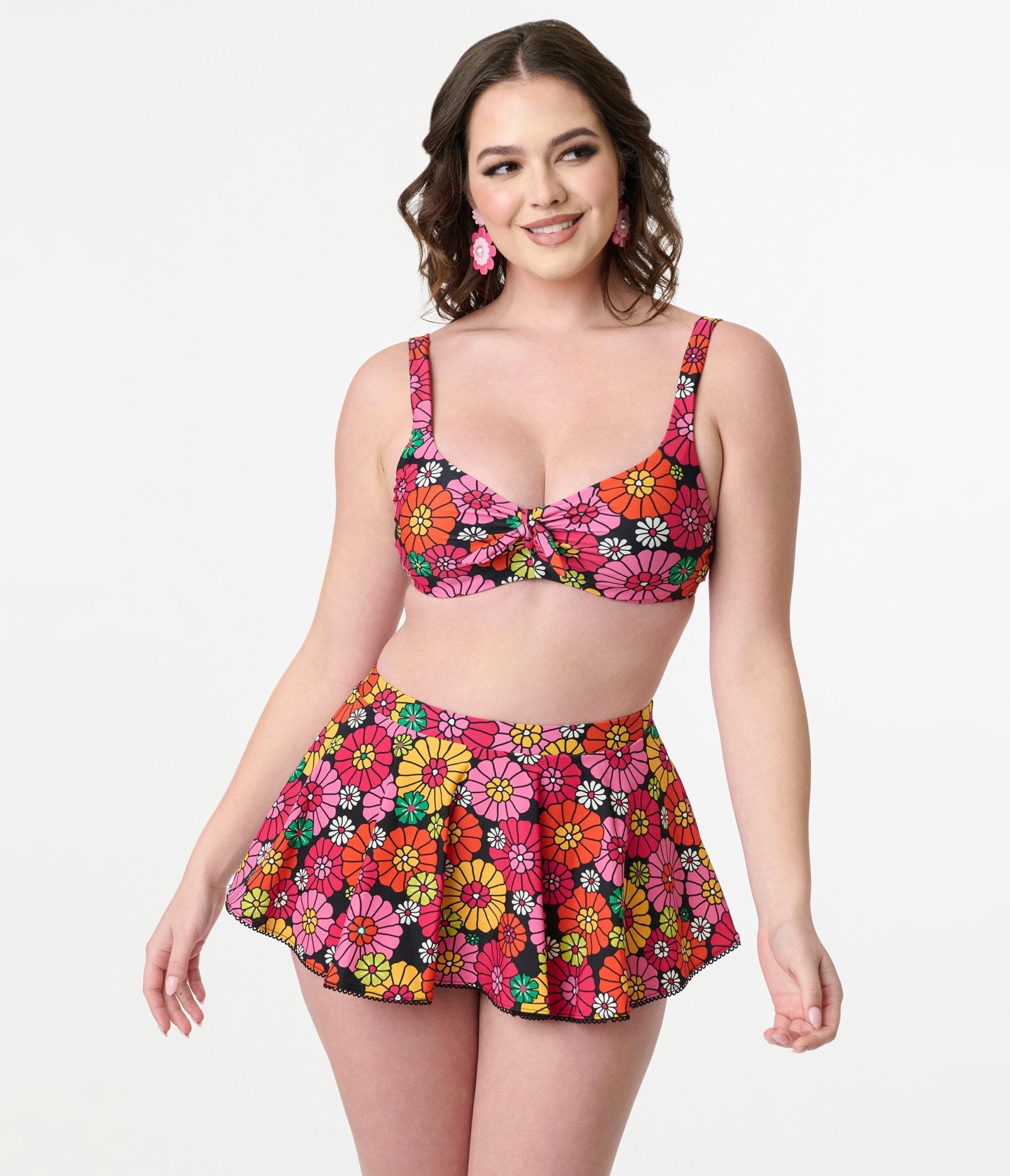 Vintage Black Floral Print Pin Up Swim Skirt - Retro High Waist Bathing Suit Cover Up for Beach, Pool & Summer Vacations