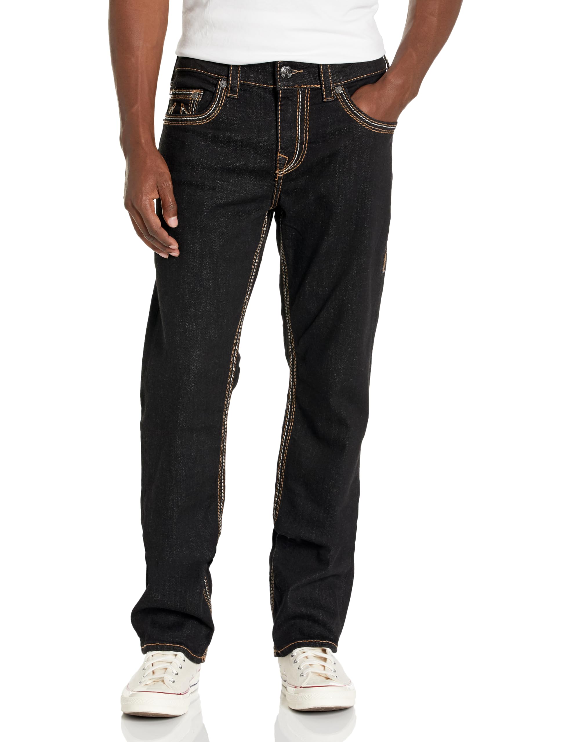True Religion Men's Ricky Straight Big Qt Stitch Flap Jean - Slim Fit Denim Pants for Casual Wear & Night Out | Premium Quality Stretch Denim with Signature Stitching