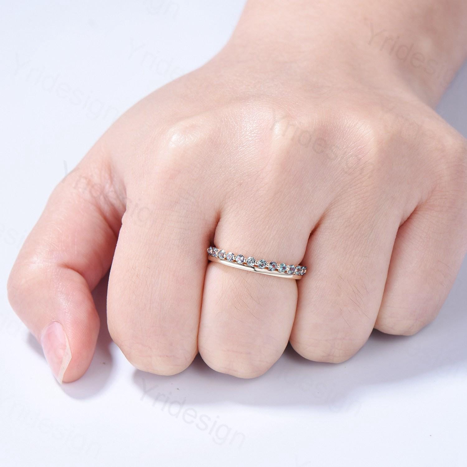Alexandrite Half Eternity Wedding Band for Women - Stackable Art Deco Ring in Yellow Gold - Anniversary & Wedding Gift - Perfect for Bridal Sets, Stacking Rings & Special Occasions